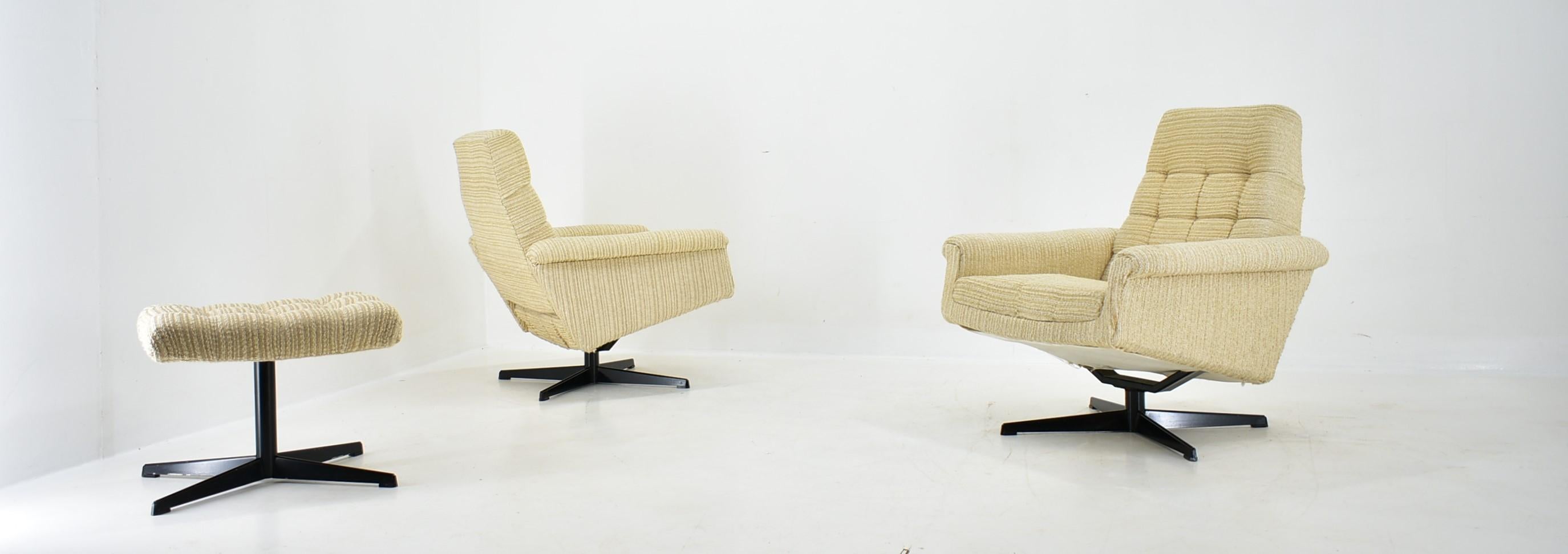 Mid-Century Modern Pair of Armchairs, Tabouret by Morávek a Munzar, 1968s For Sale