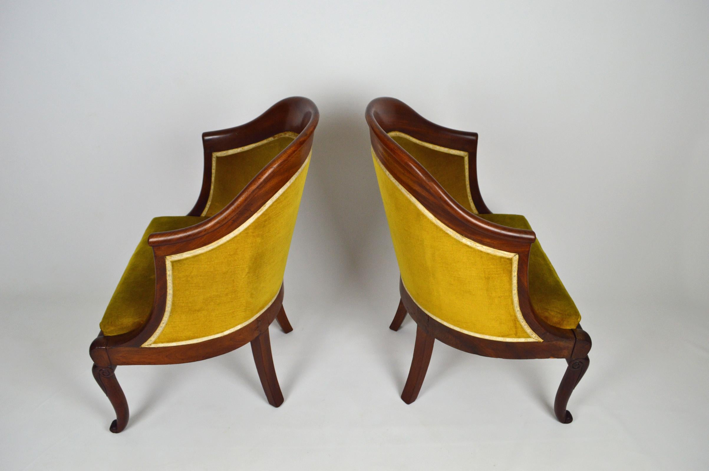 Wood Pair of Armchairs / Tub Chairs in Carved Mahogany, France, Early 19th Century For Sale