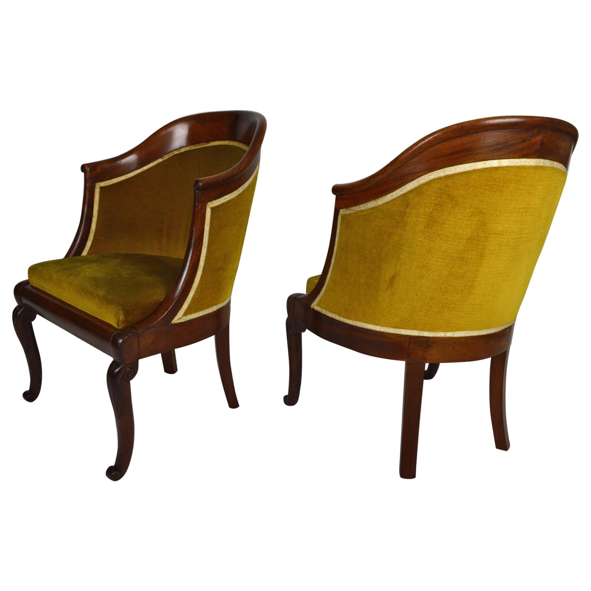 Pair of Armchairs / Tub Chairs in Carved Mahogany, France, Early 19th Century For Sale