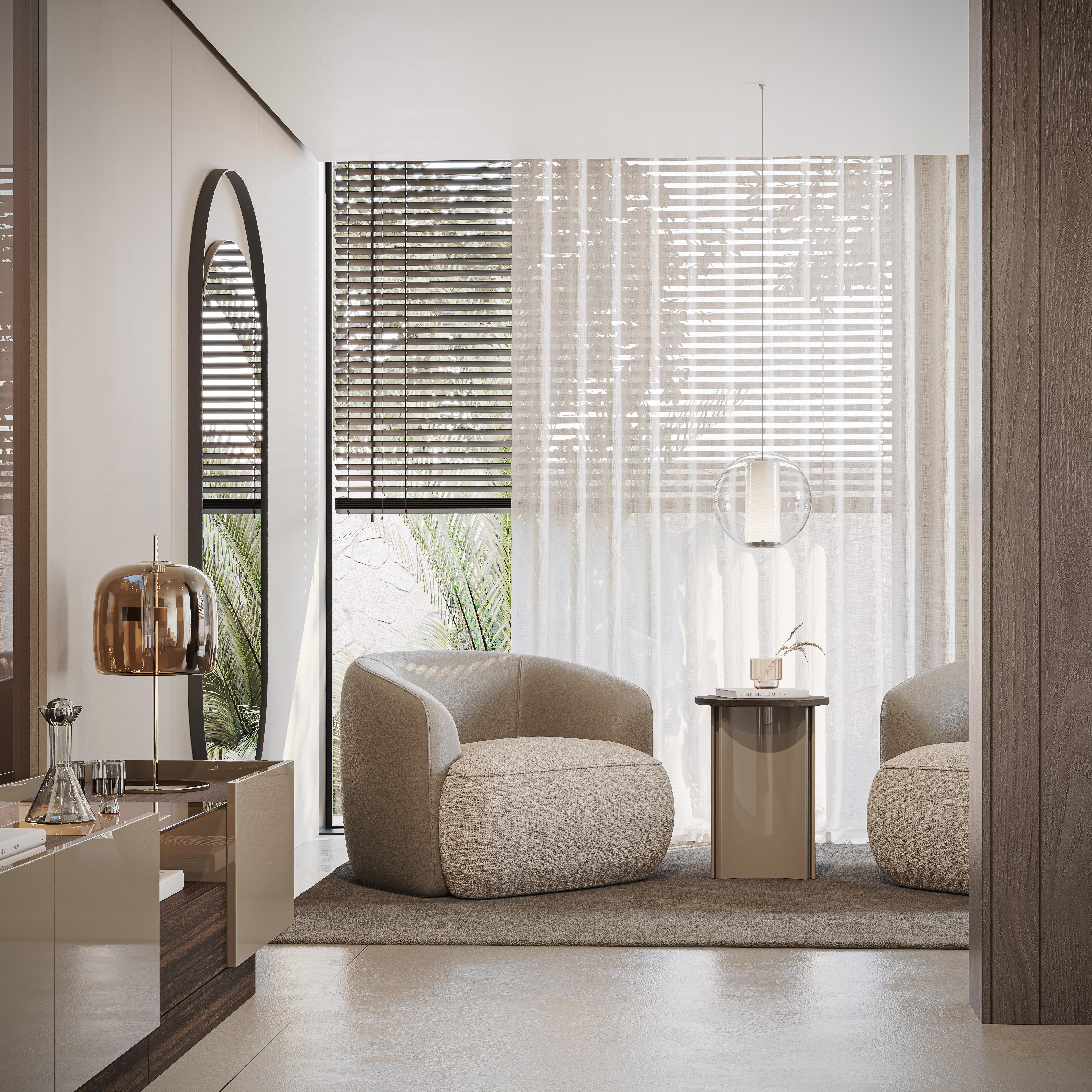 Contemporary Pair of Armchairs Upholstered In Textured Fabric & Leather For Sale