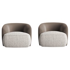 Pair of Armchairs Upholstered In Textured Fabric & Leather