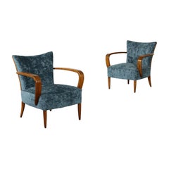 Pair of Armchairs Velvet Upholstery Beech Vintage, Italy, 1950s