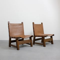 Pair of armchairs with beechwood frames and leather upholstery - Brutalism -
