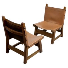 Pair of armchairs with beechwood frames and leather upholstery - Brutalism -