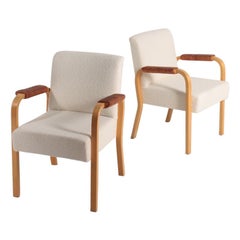 Pair of Armchairs with Bouclé and Patinated Leather by Alvar Aalto, 1950s