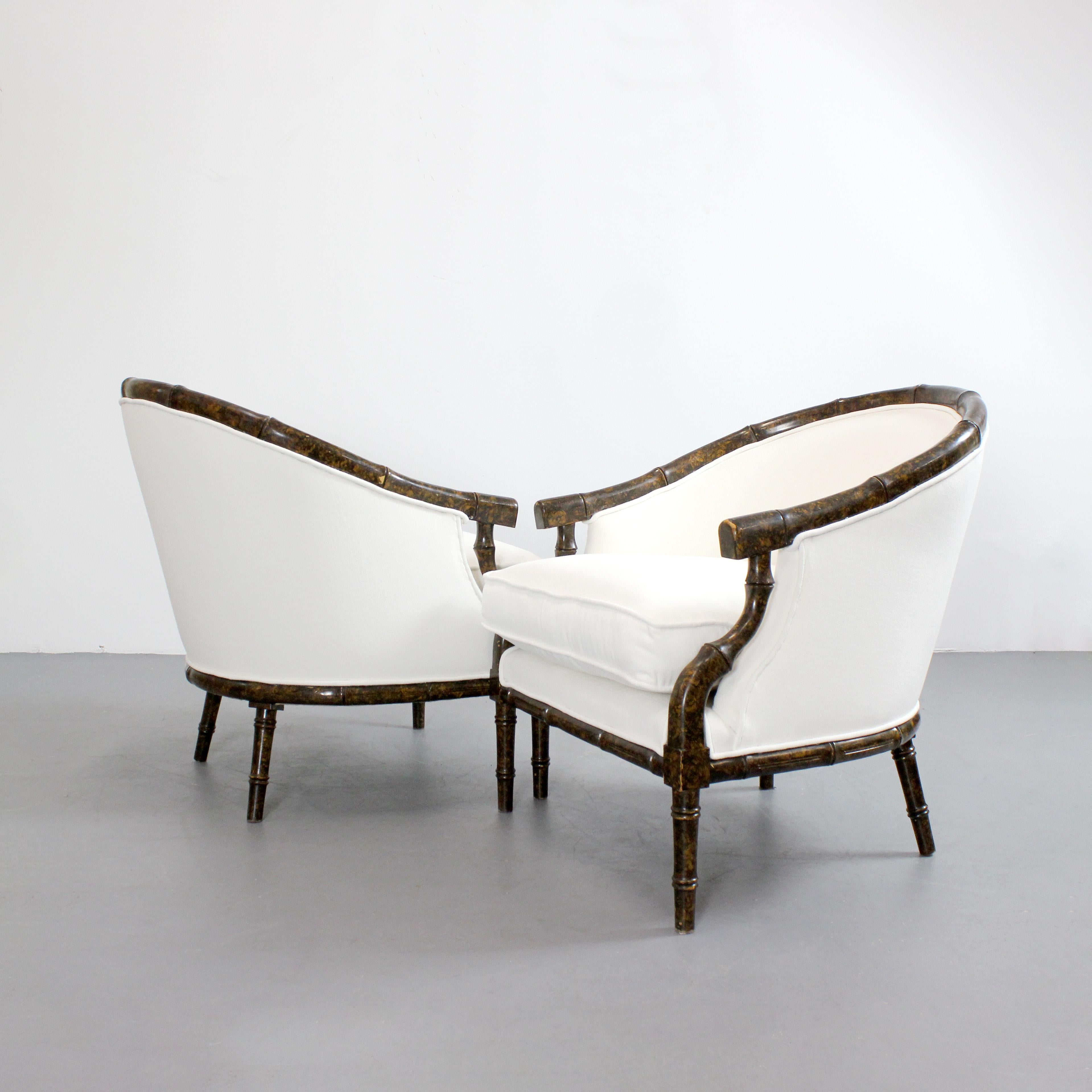 Pair of armchairs with carved bamboo-like frames and burl lacquered wood - For Sale 4