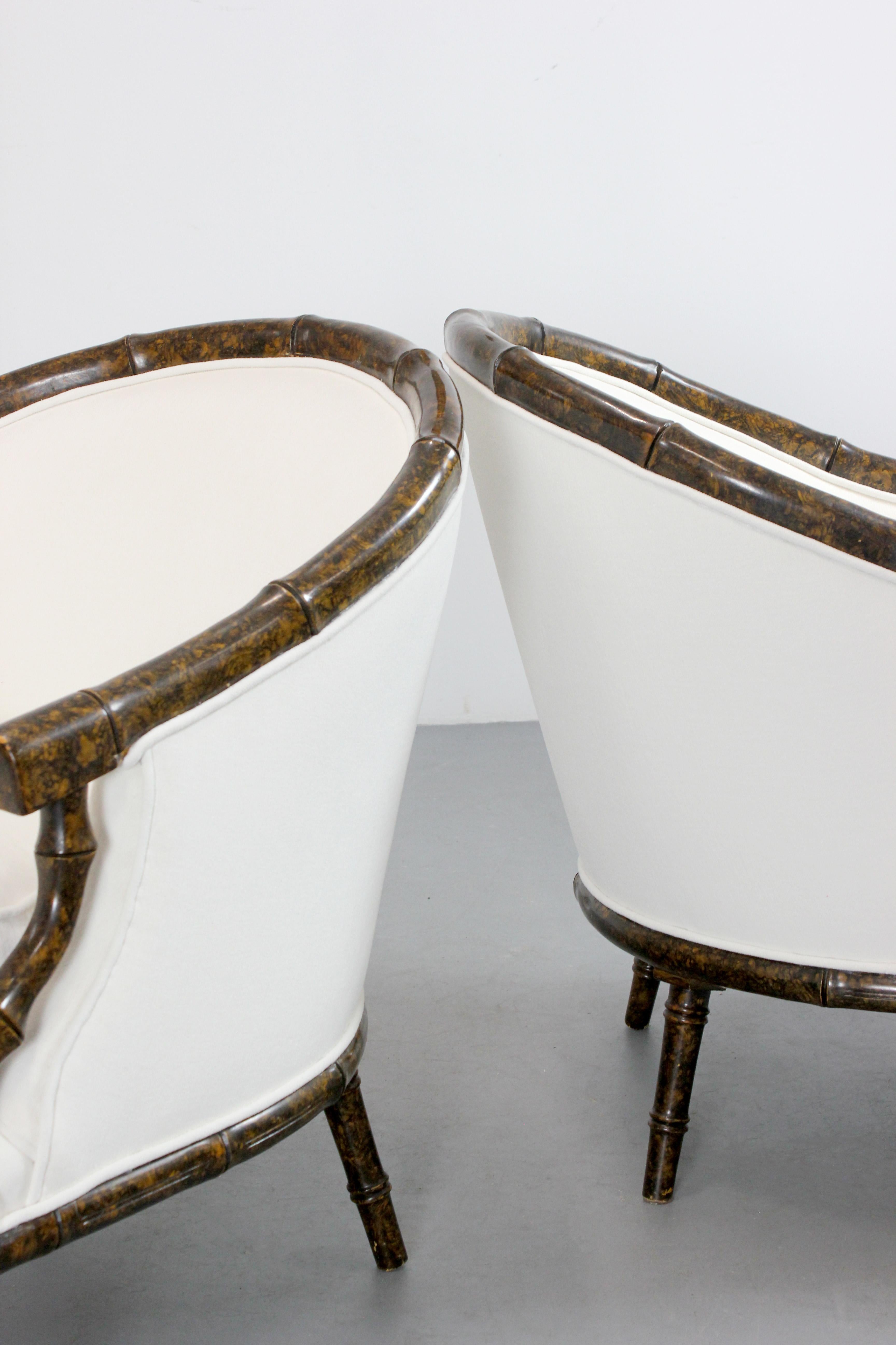 Pair of armchairs with carved bamboo-like frames and burl lacquered wood - For Sale 5