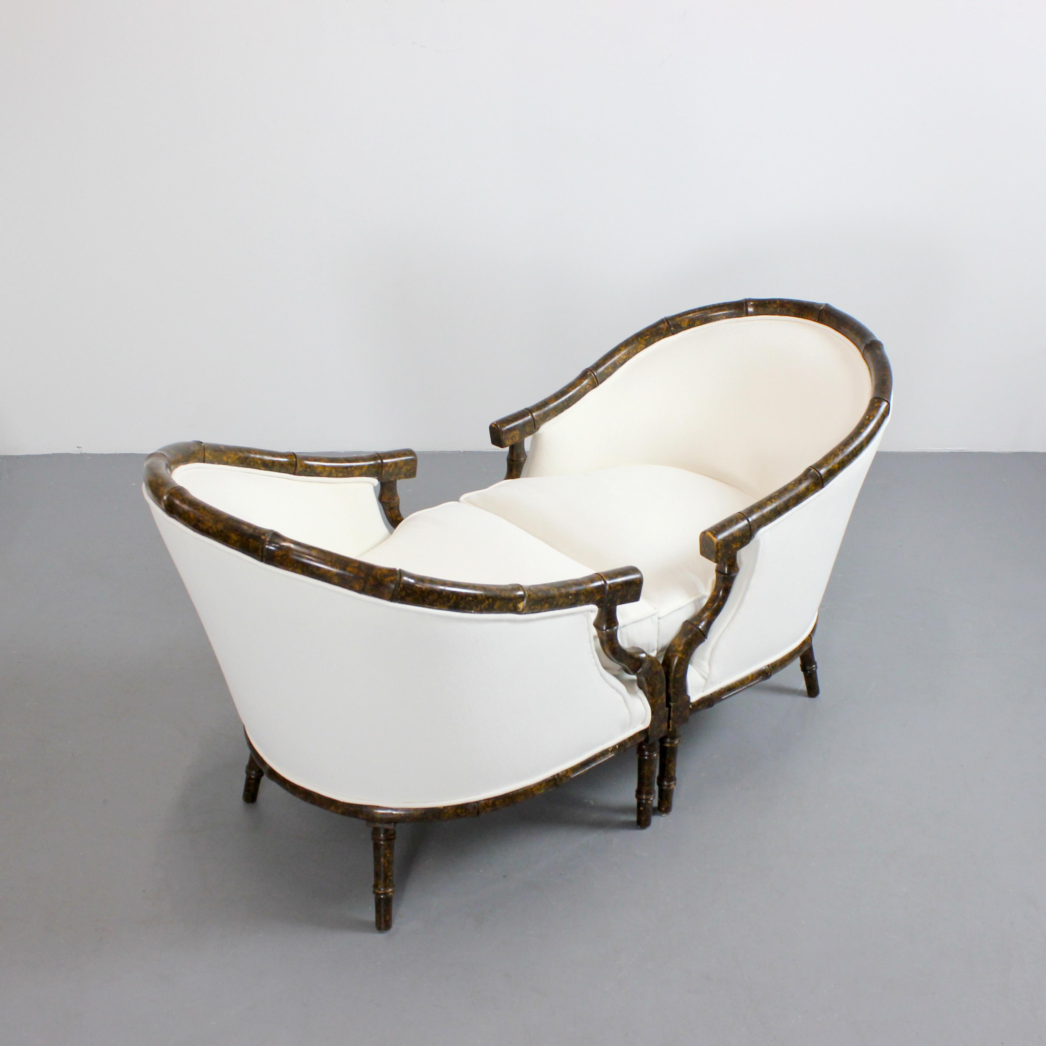 Pair of armchairs with carved bamboo-like frames and burl lacquered wood - For Sale 6