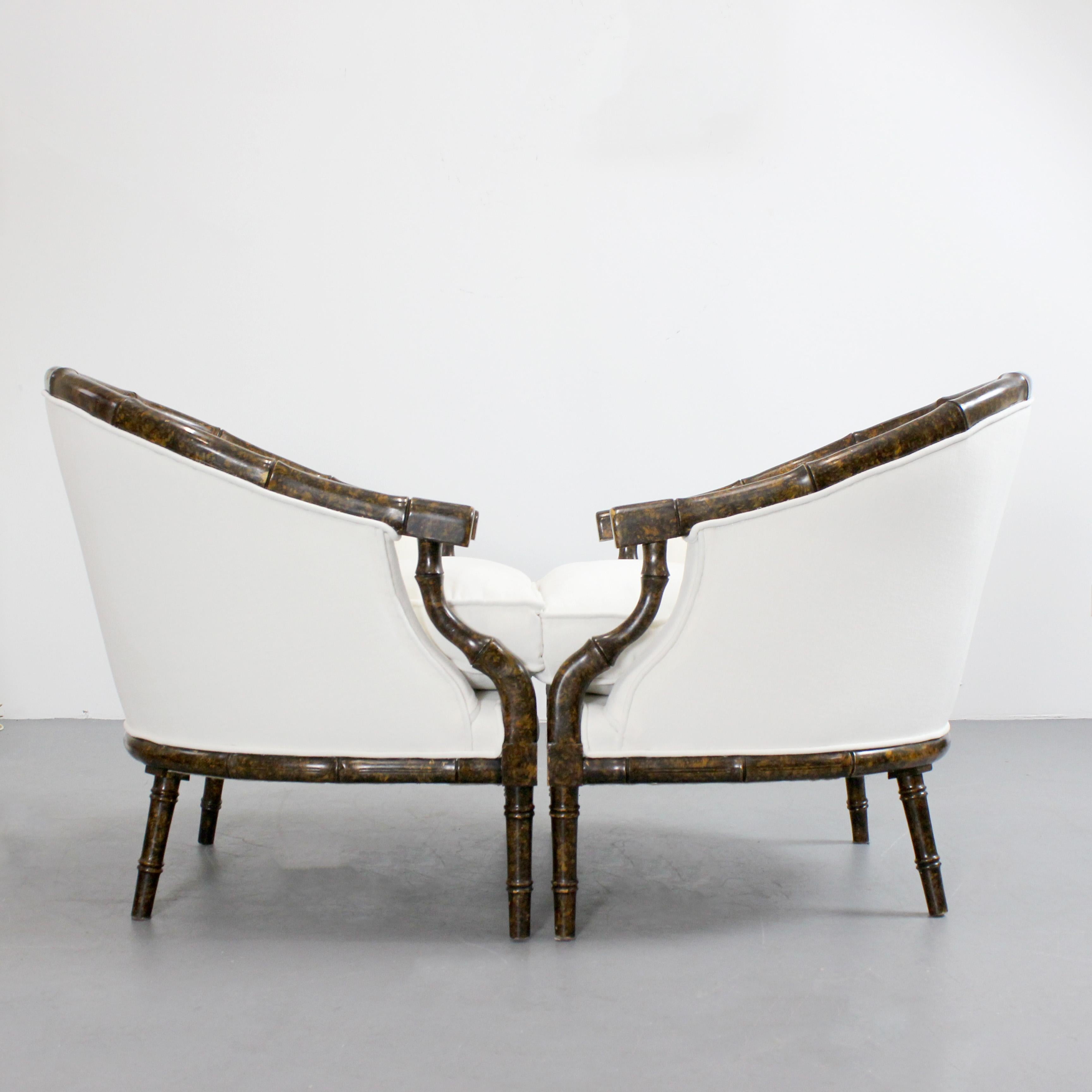 Pair of armchairs with carved bamboo-like frames and burl lacquered wood - For Sale 3