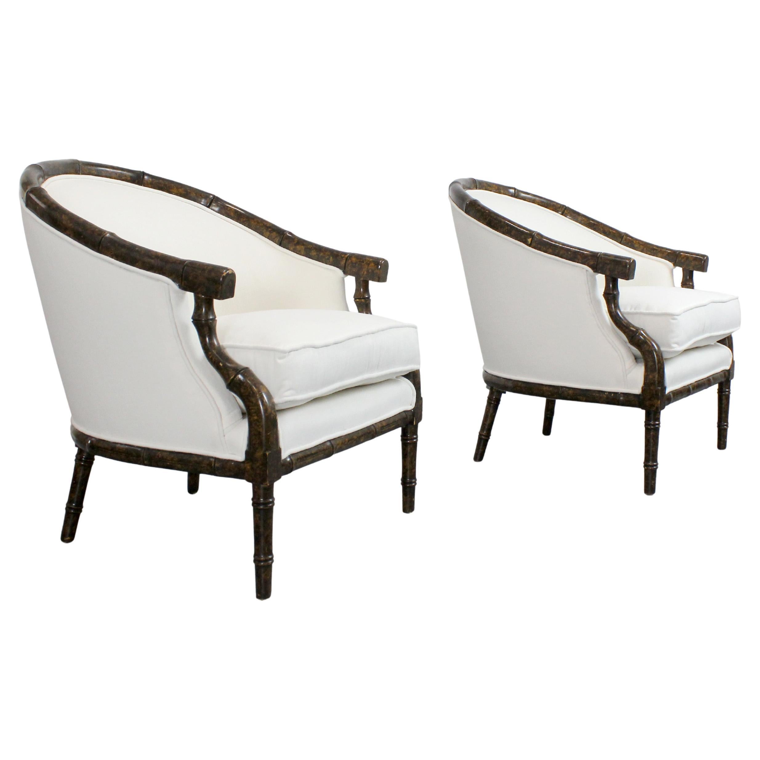 Pair of armchairs with carved bamboo-like frames and burl lacquered wood - For Sale