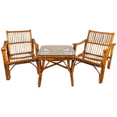 Pair of Armchairs with Coffee Table, Bamboo, circa 1970, France