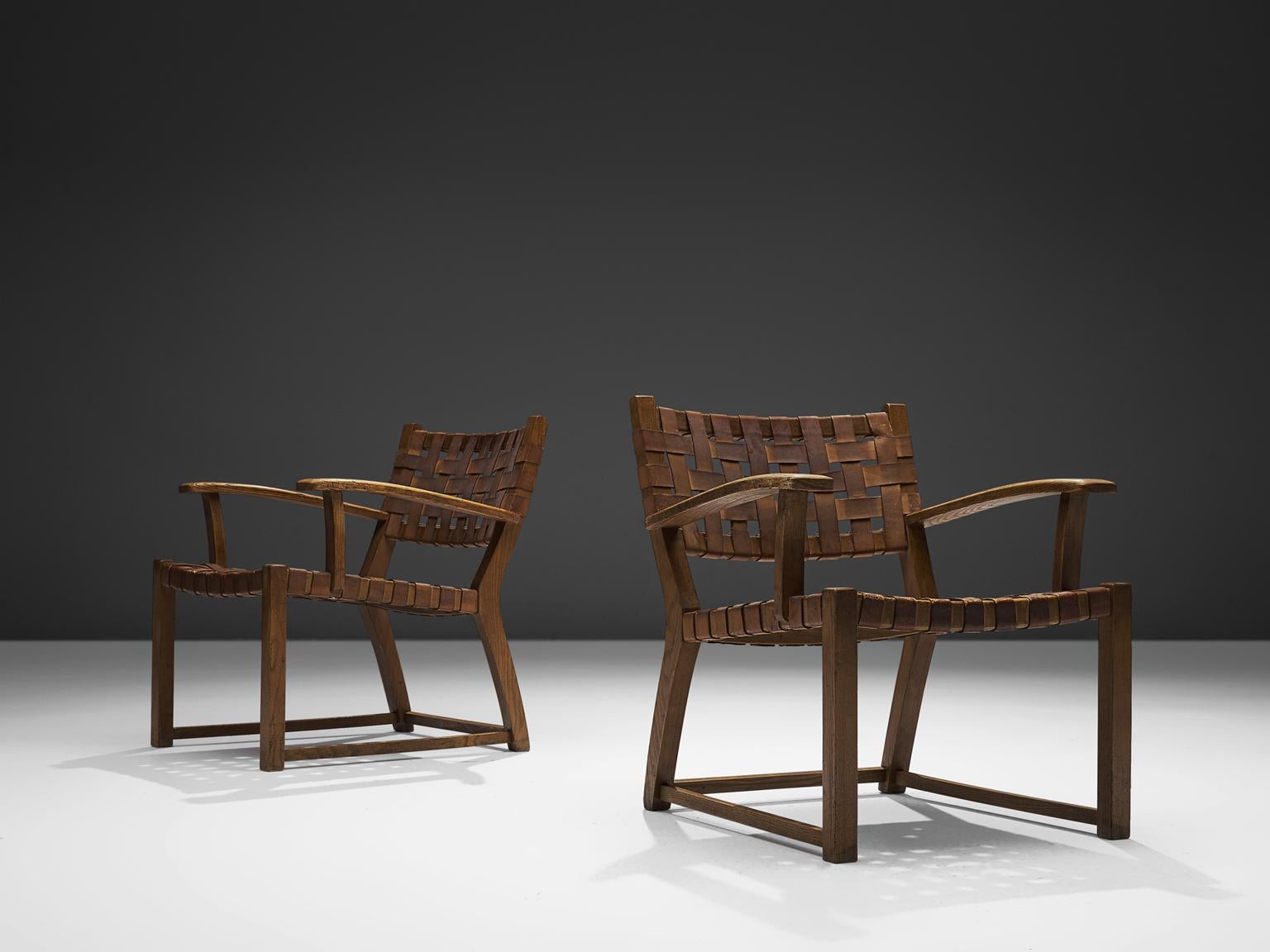 Scandinavian Modern Pair of Armchairs with Cognac Leather Webbed Back and Seat