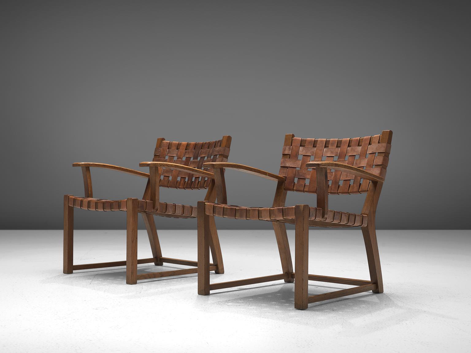 Scandinavian Modern Pair of Armchairs with Cognac Leather Webbed Back and Seat