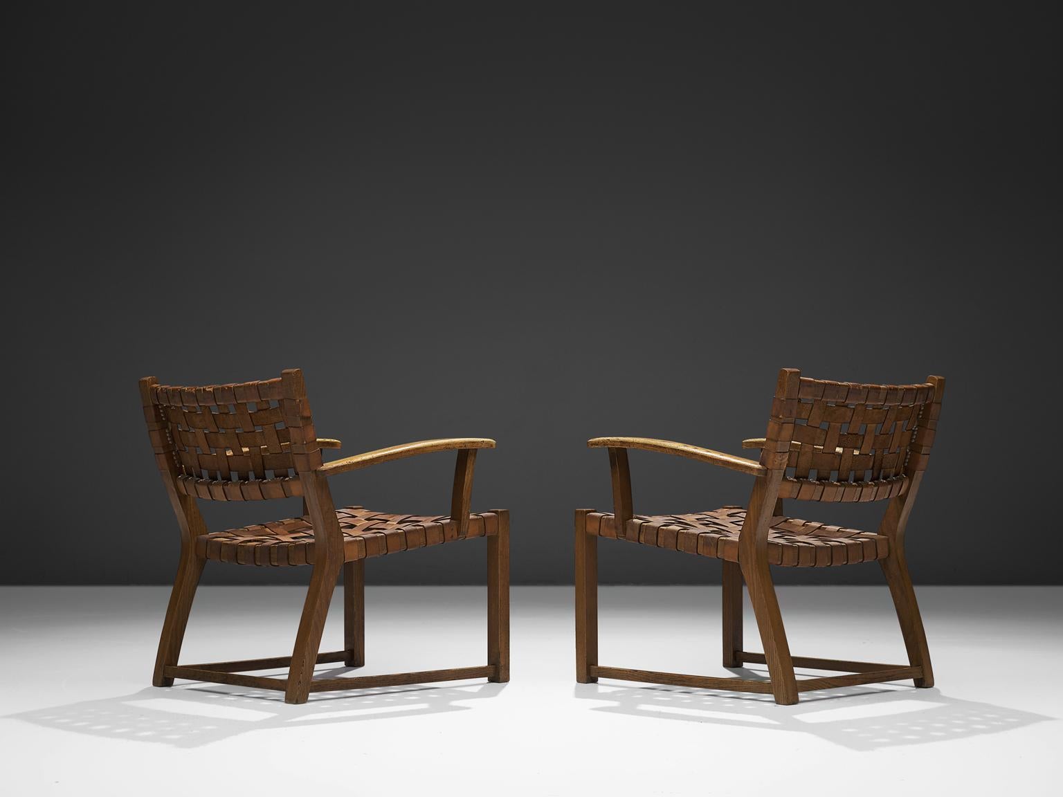Scandinavian Pair of Armchairs with Cognac Leather Webbed Back and Seat
