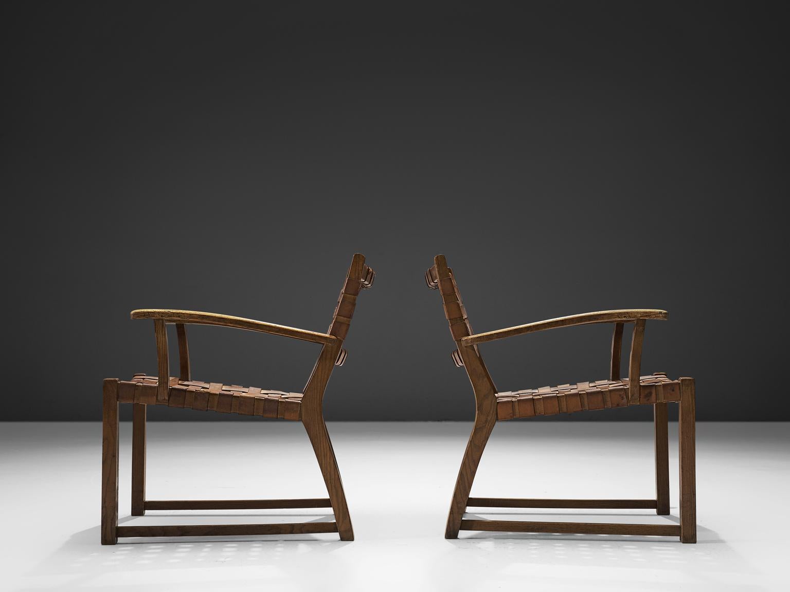 Pair of Armchairs with Cognac Leather Webbed Back and Seat In Good Condition In Waalwijk, NL