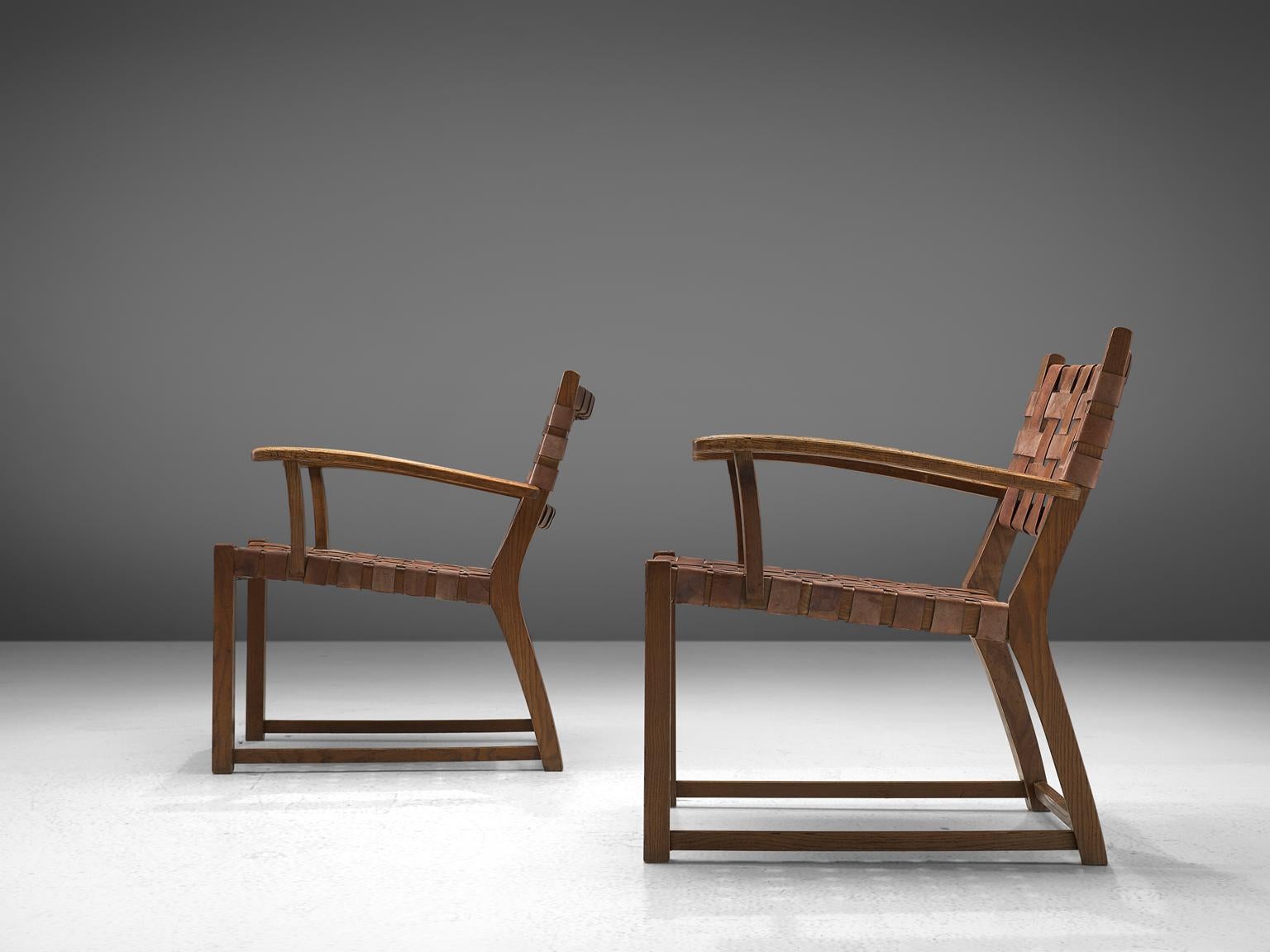 Patinated Pair of Armchairs with Cognac Leather Webbed Back and Seat