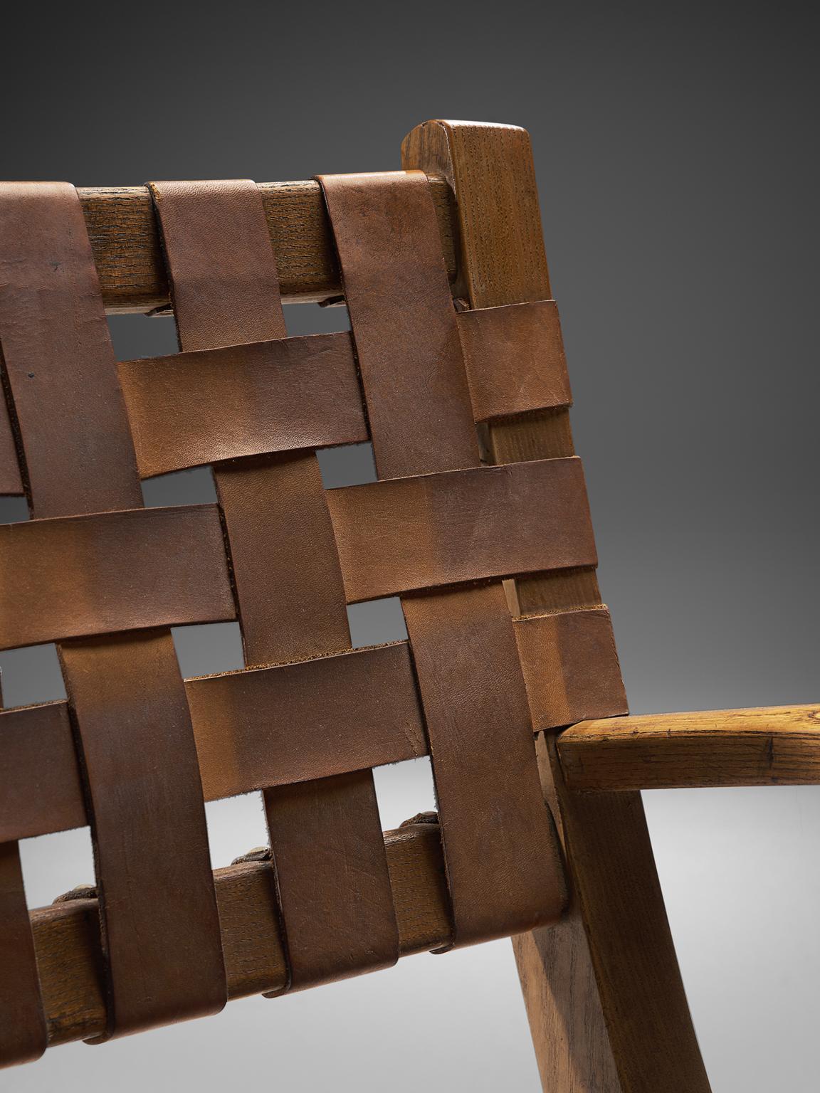 Mid-20th Century Pair of Armchairs with Cognac Leather Webbed Back and Seat