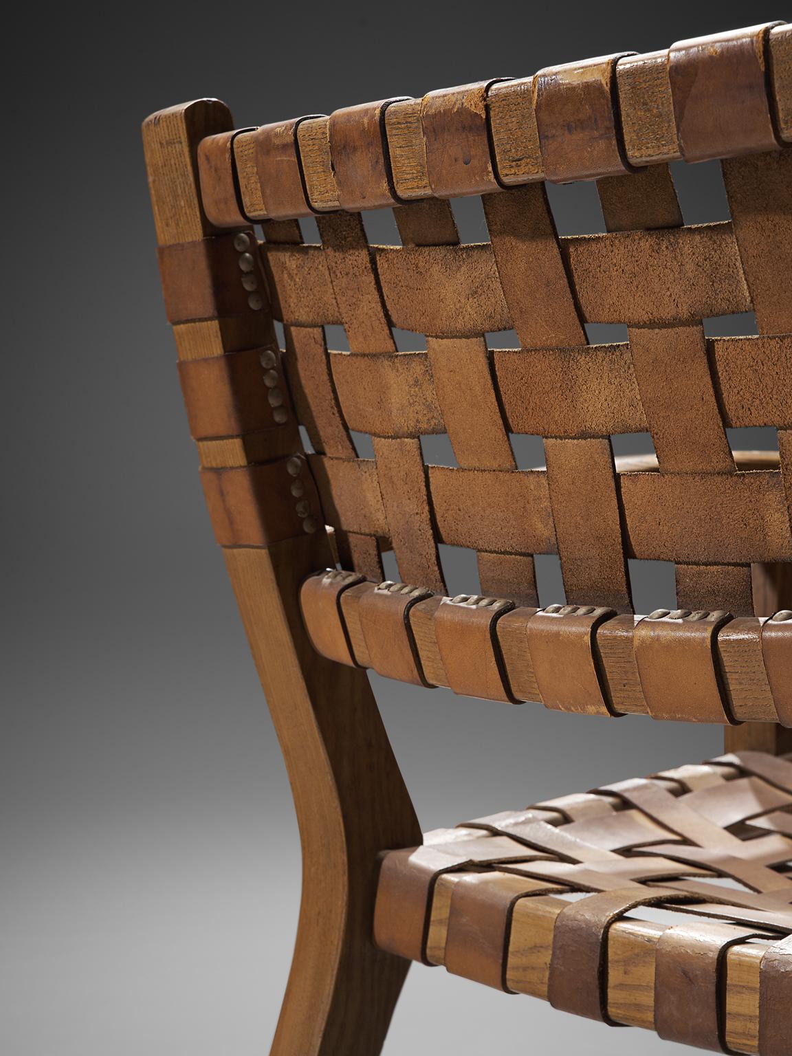 Pair of Armchairs with Cognac Leather Webbed Back and Seat 1