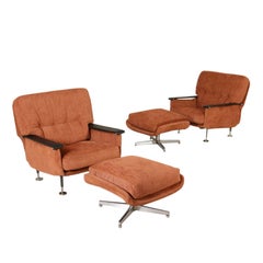 Pair of Armchairs with Footstool Leatherette Fabric Vintage, Italy, 1960s