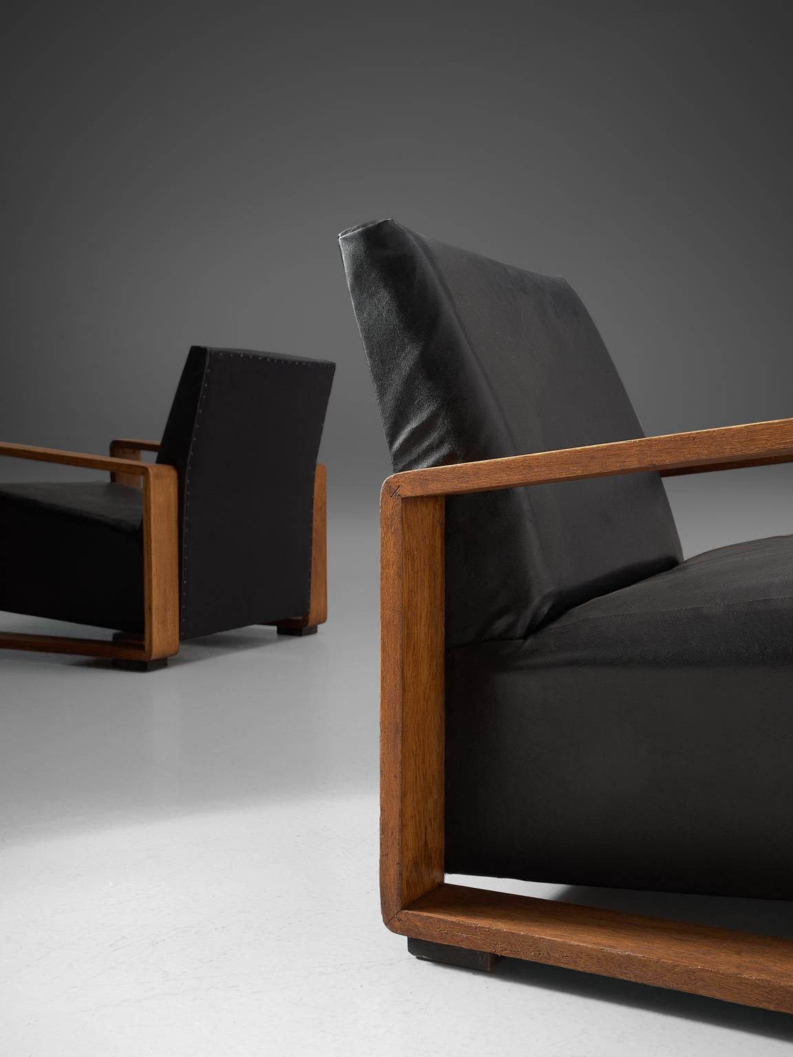 Leather Pair of Armchairs with Geometric Wooden Frame