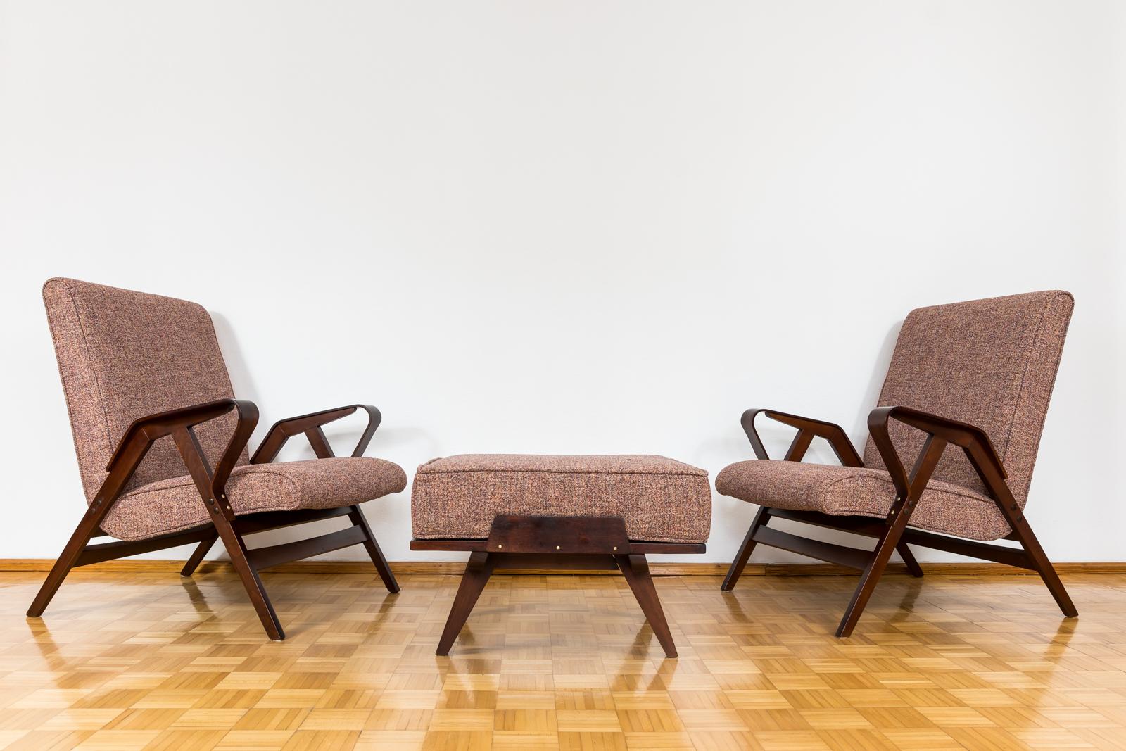  Pair of armchairs with ottoman by František Jirák for Tatra Nabytok 1960's XXL 

This is rare XXL version of this model.
Ottoman dimensions: 64x64x43
Completely restored.