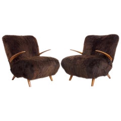 Pair of Armchairs with Wooden Frame and Brown Sheepskin Upholstery