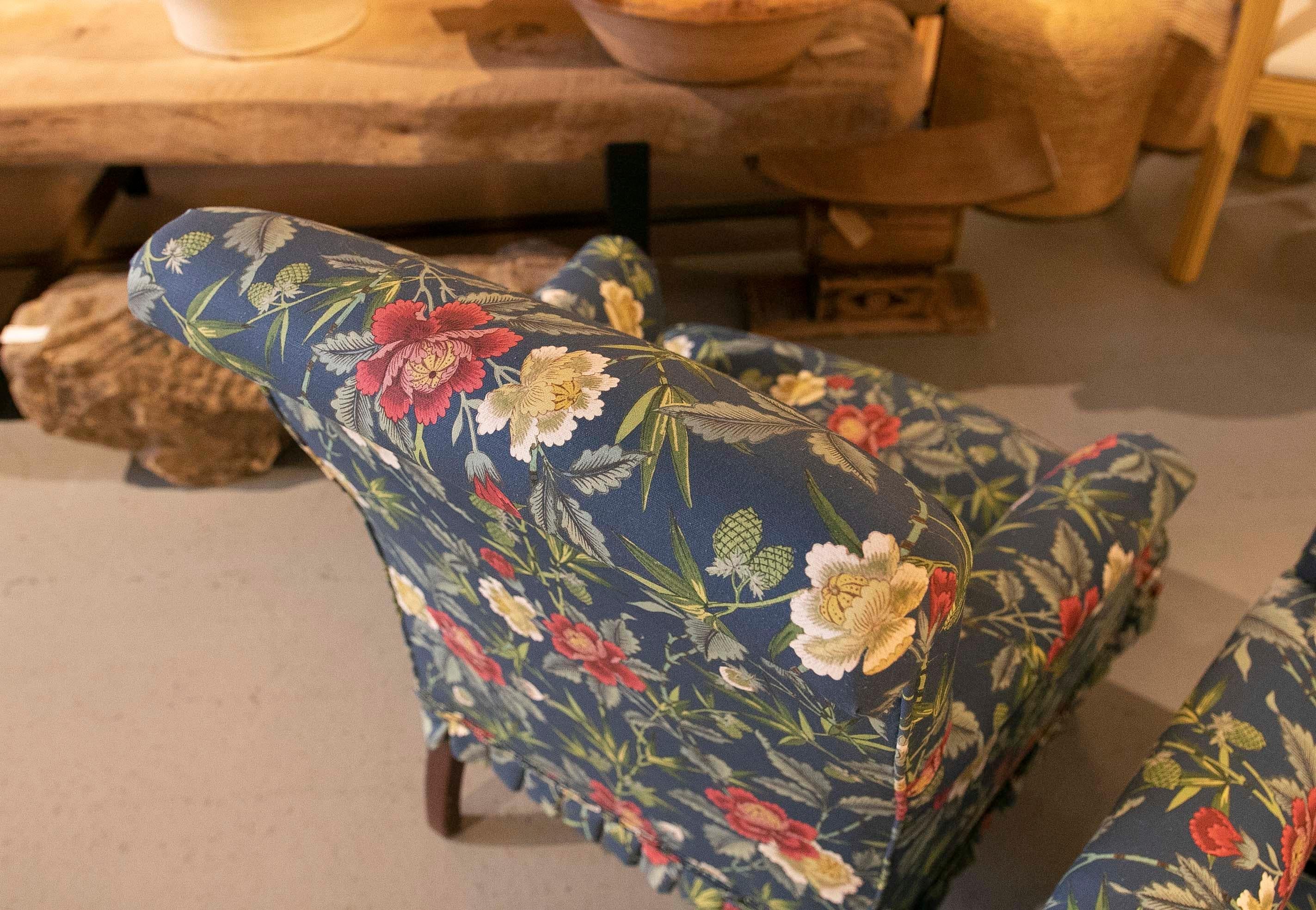 Pair of Armchairs with Wooden Frame and Newly Upholstered with Floral Fabrics  6