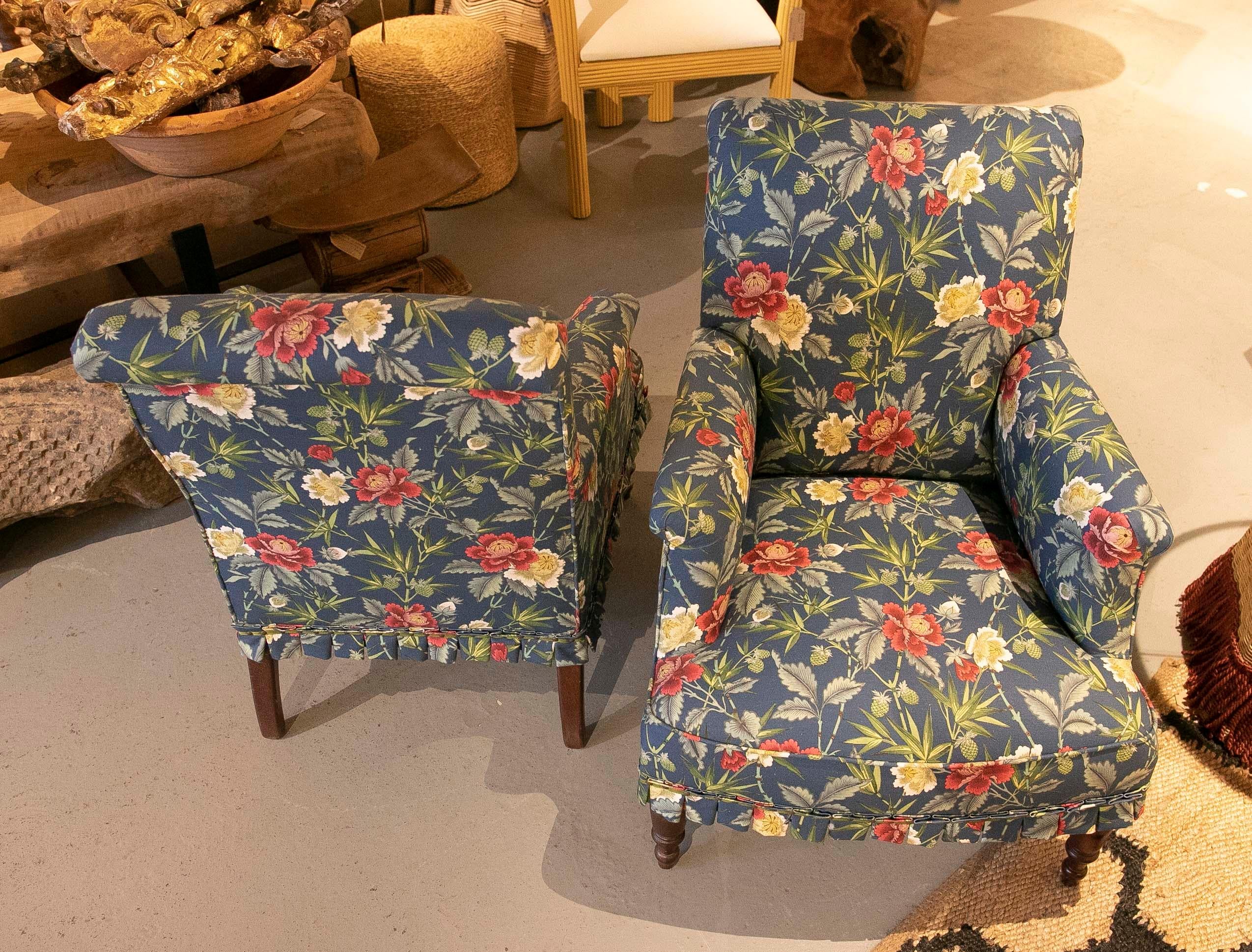 Spanish Pair of Armchairs with Wooden Frame and Newly Upholstered with Floral Fabrics 