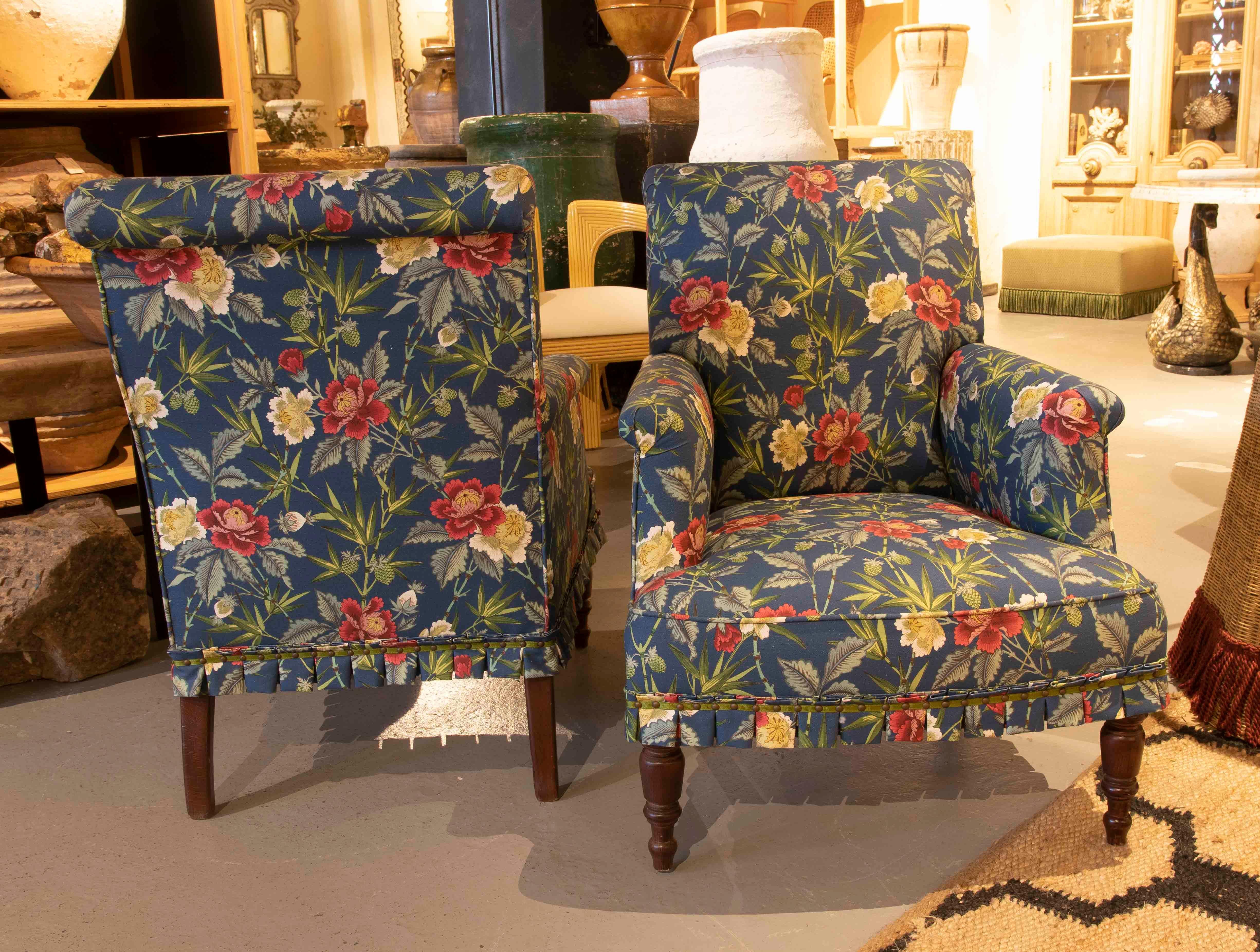 Pair of Armchairs with Wooden Frame and Newly Upholstered with Floral Fabrics  2