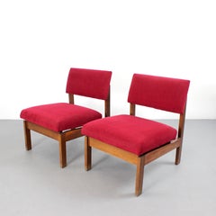 Pair of armchairs with wooden frames and burgundy chenille upholstery - Spain -