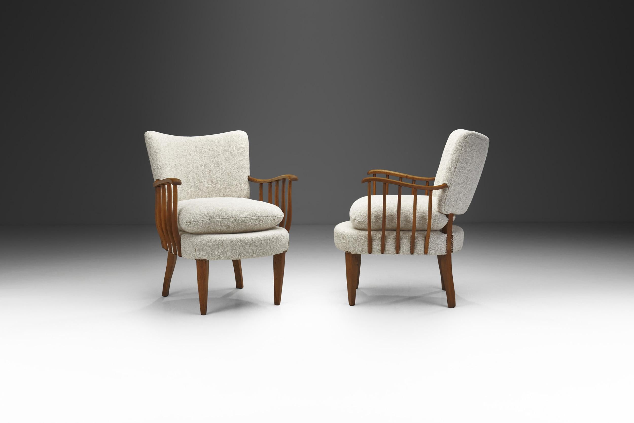 European Pair of Armchairs with Wooden Spindle Sides, Europe Ca 1950s For Sale