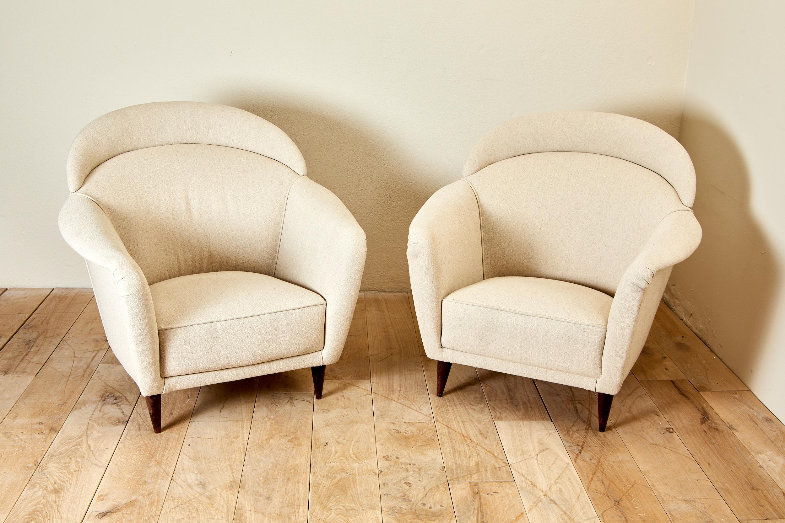 Italian Pair of armchairs, wood and cotton, circa 1970, Italy. For Sale