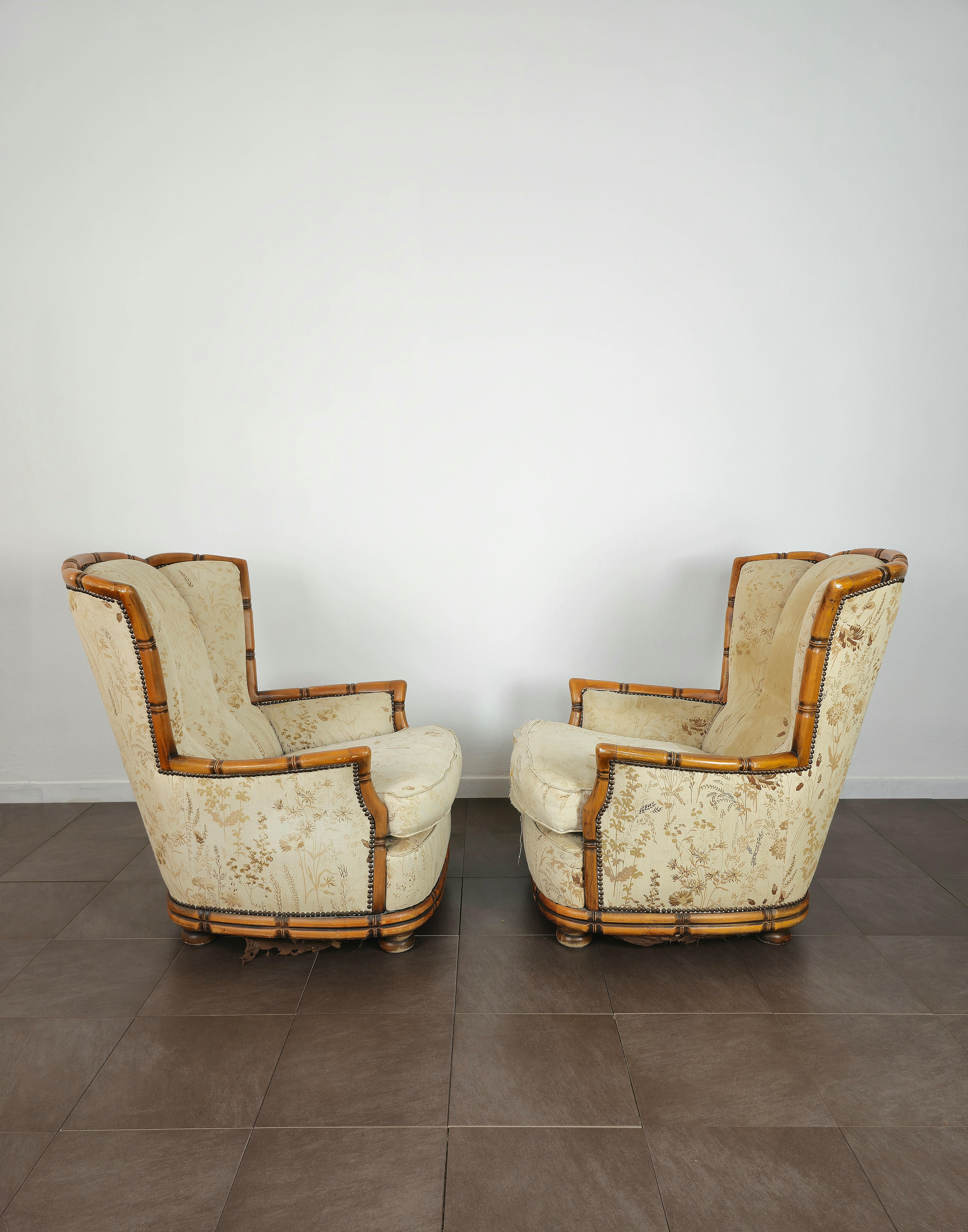 Mid-Century Modern Pair of Armchairs Wood Fabric Giorgetti Midcentury Modern Italian Design 1960s