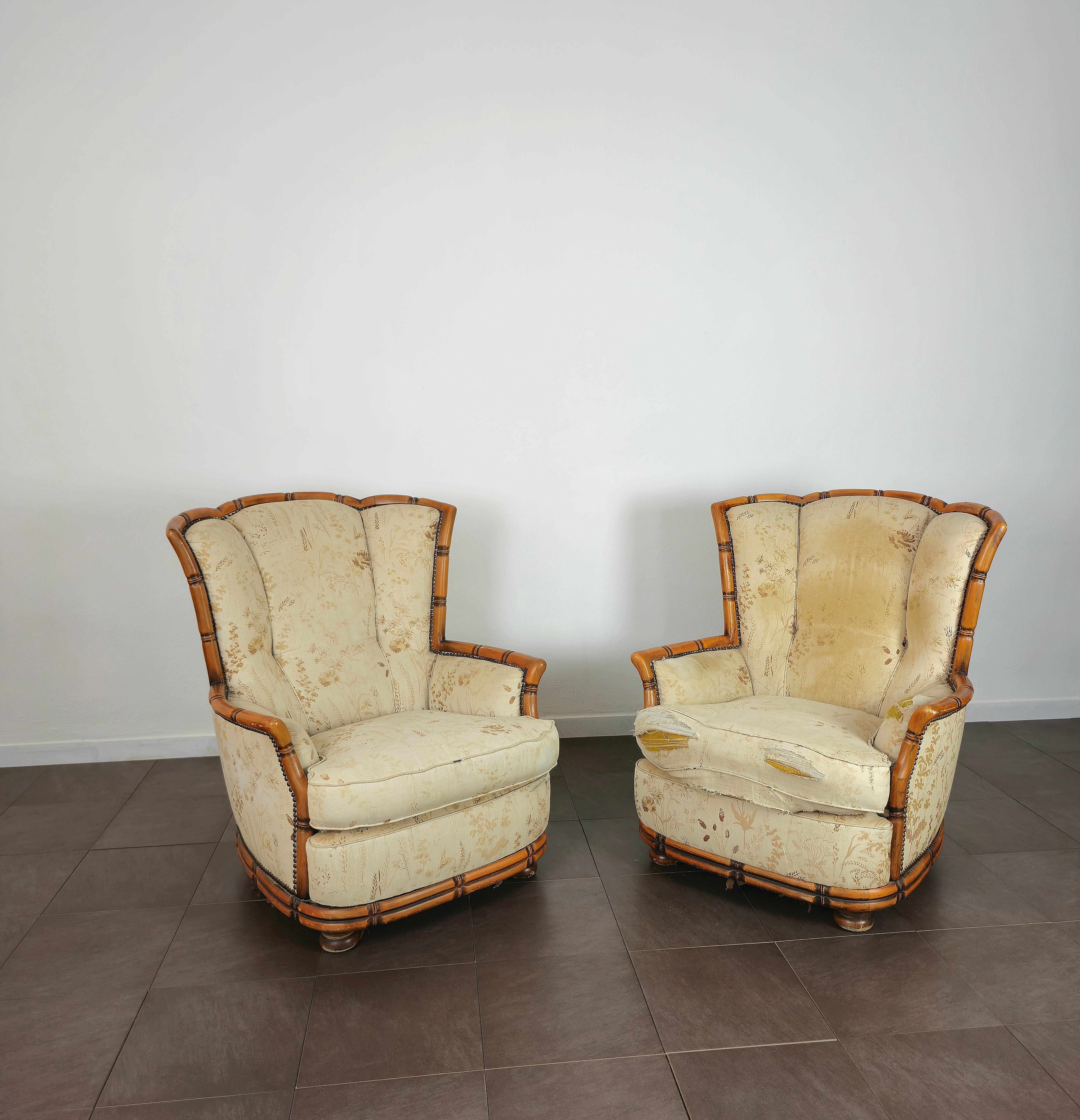 Pair of Armchairs Wood Fabric Giorgetti Midcentury Modern Italian Design 1960s 2