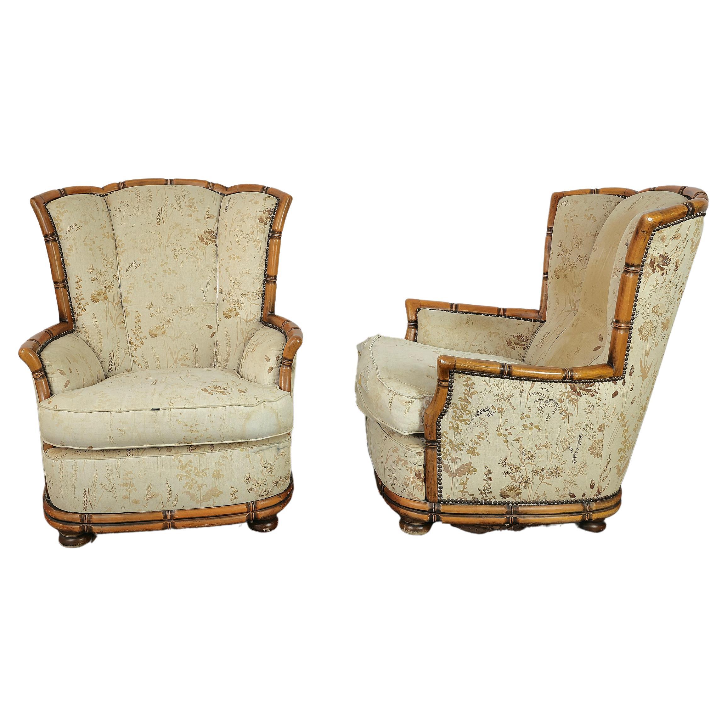 Set of 2 large armchairs produced in Italy in the 60s by Giorgetti S.p.A..
Each single armchair was made of bamboo-effect wood with a floral-themed fabric covering.


Note: We try to offer our customers an excellent service even in shipments all