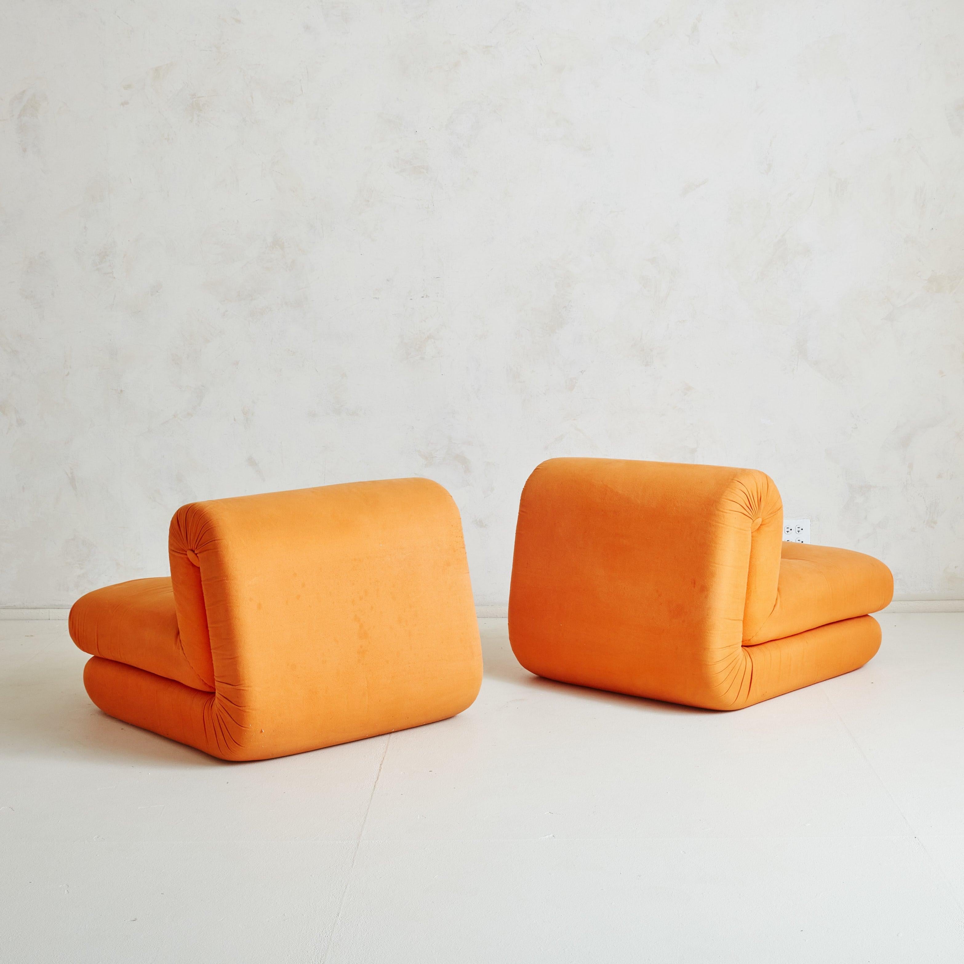 Mid-Century Modern Pair of Armless Lounge Chairs in Original Orange Fabric, Italy 1970s