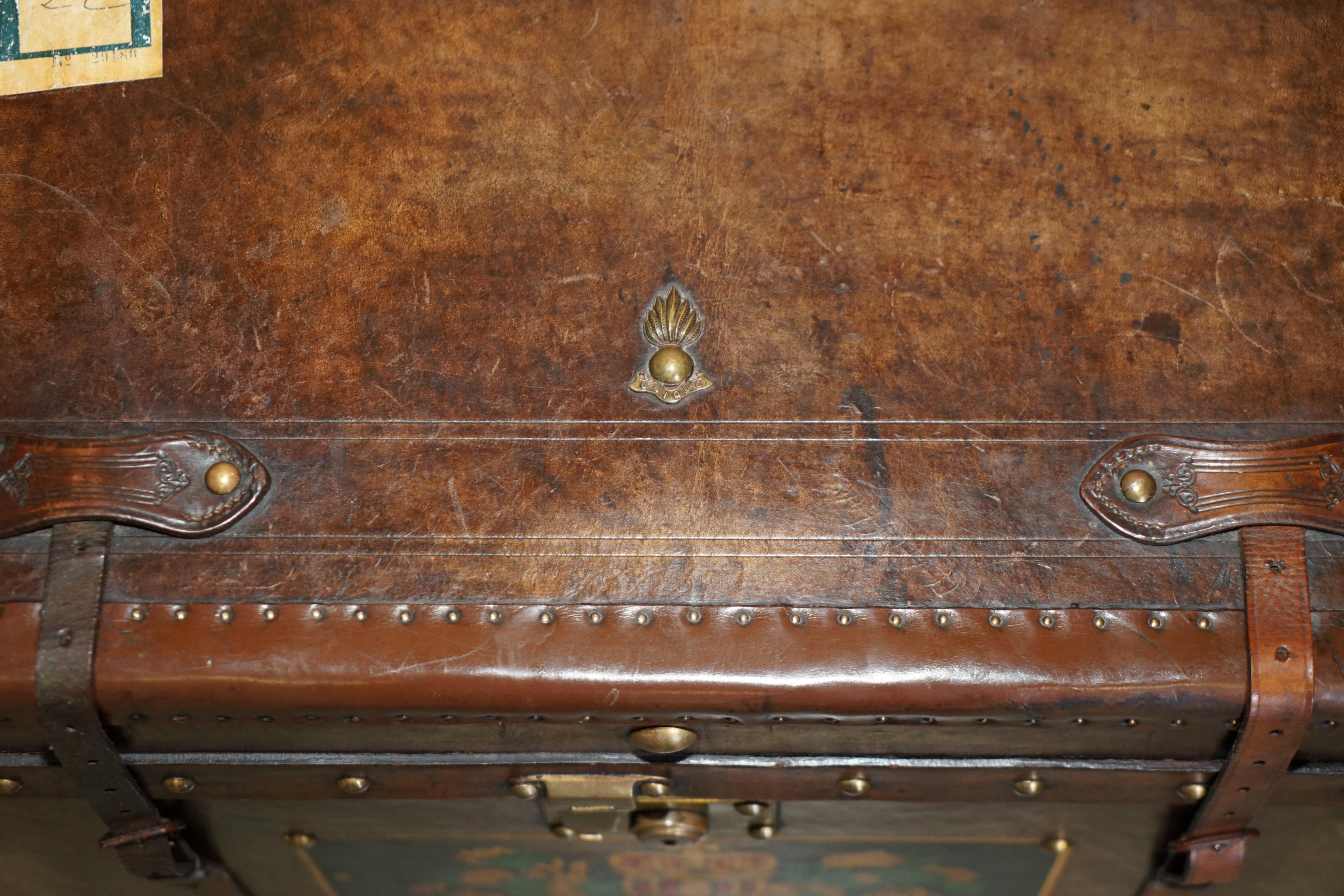 Hand-Crafted PAIR OF ARMORIAL COAT OF ARMS VINTAGE BROWN LEATHER STEAMER TRUNK SIDE TABLEs For Sale