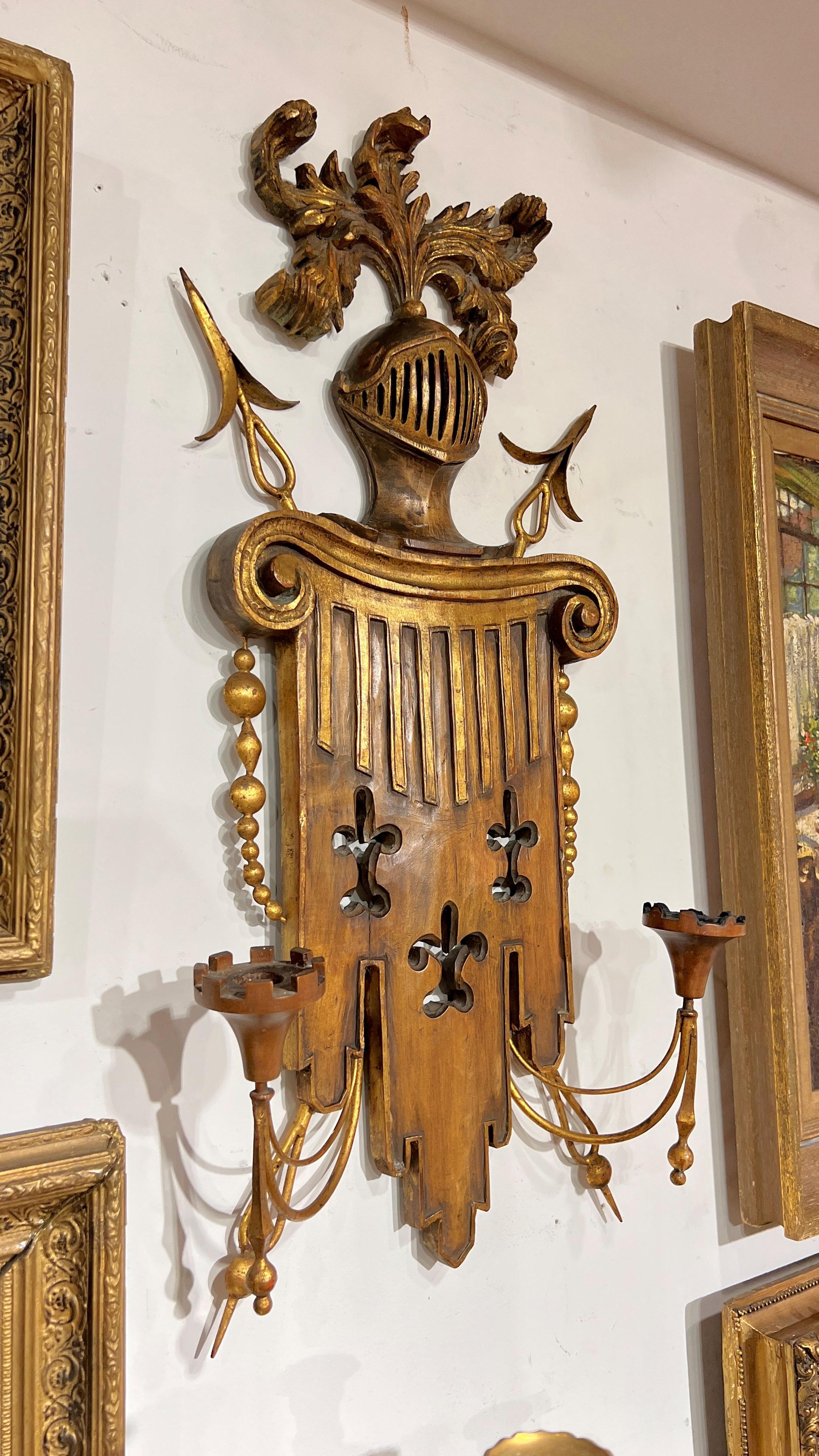 Medieval Pair of Armorial Fruitwood and Gilt Metal Sconces For Sale