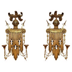 Vintage Pair of Armorial Fruitwood and Gilt Metal Sconces