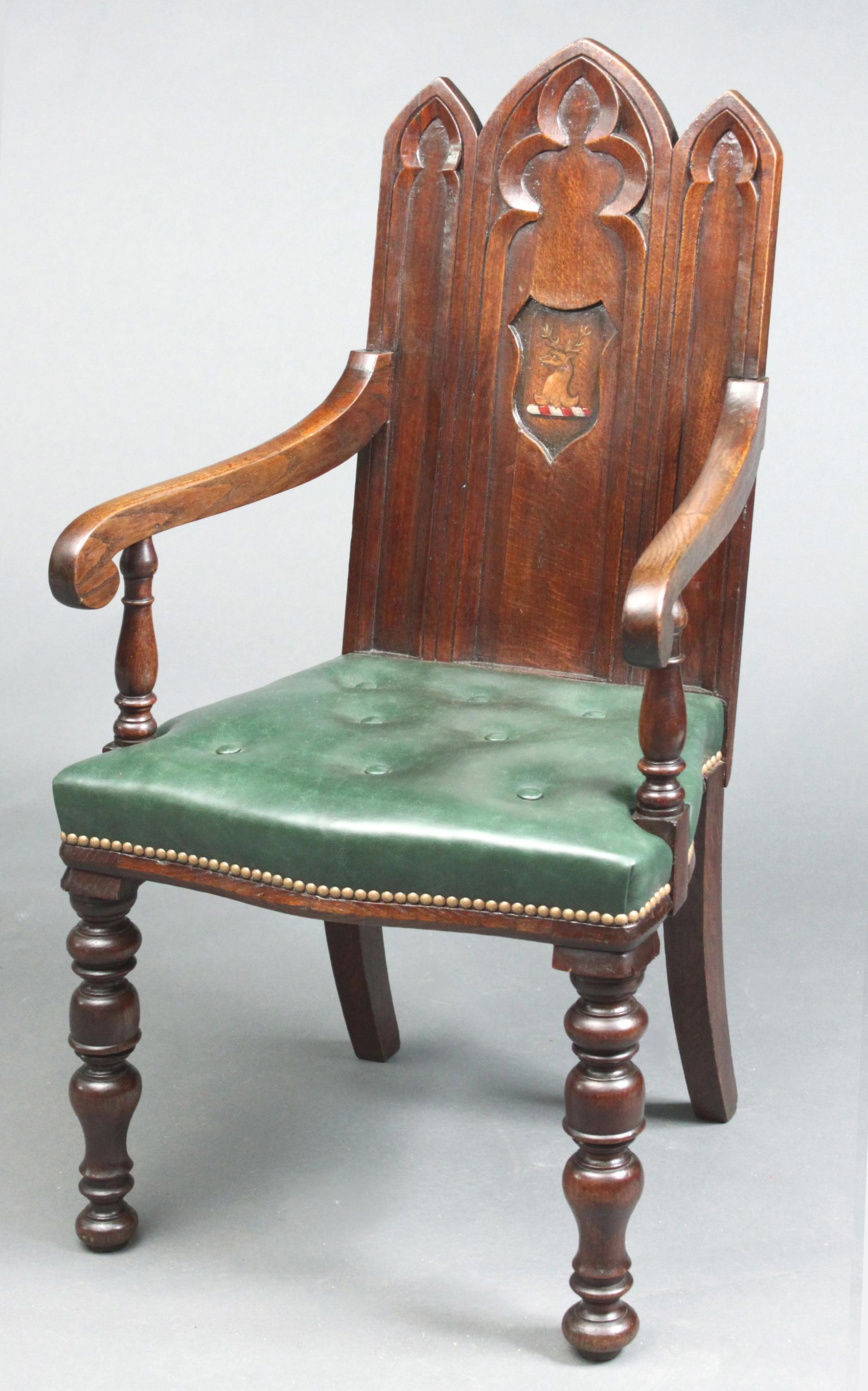 Pair of Armorial Gothic Oak Chairs with Arms In Good Condition For Sale In Bradford-on-Avon, Wiltshire
