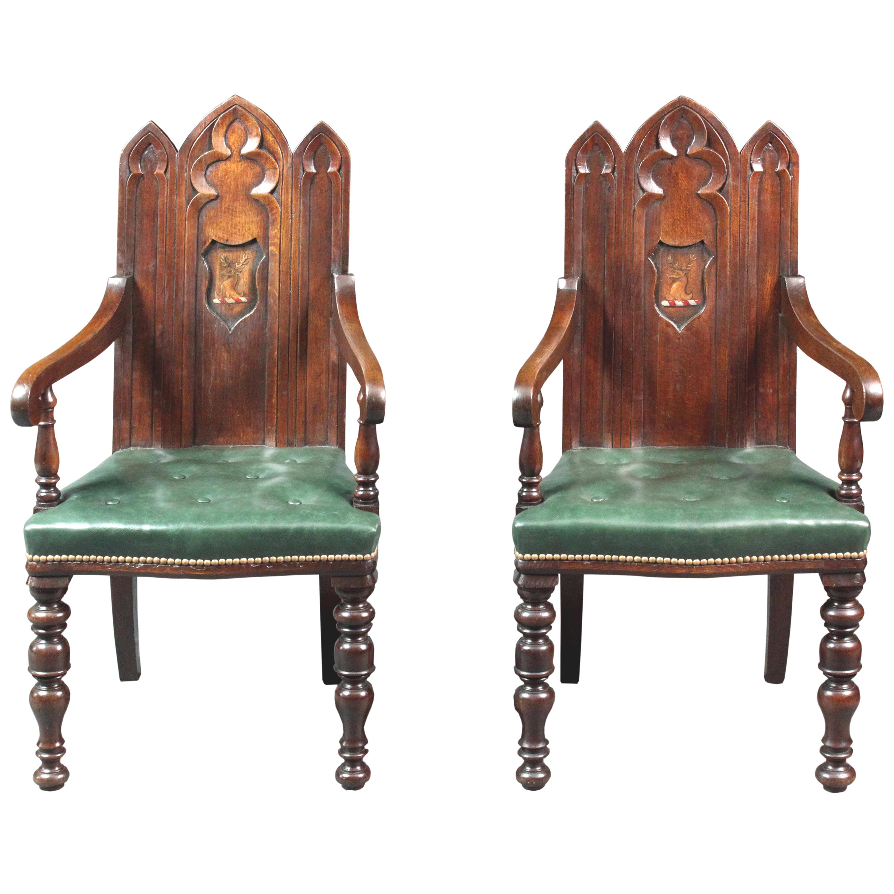 Pair of Armorial Gothic Oak Chairs with Arms For Sale