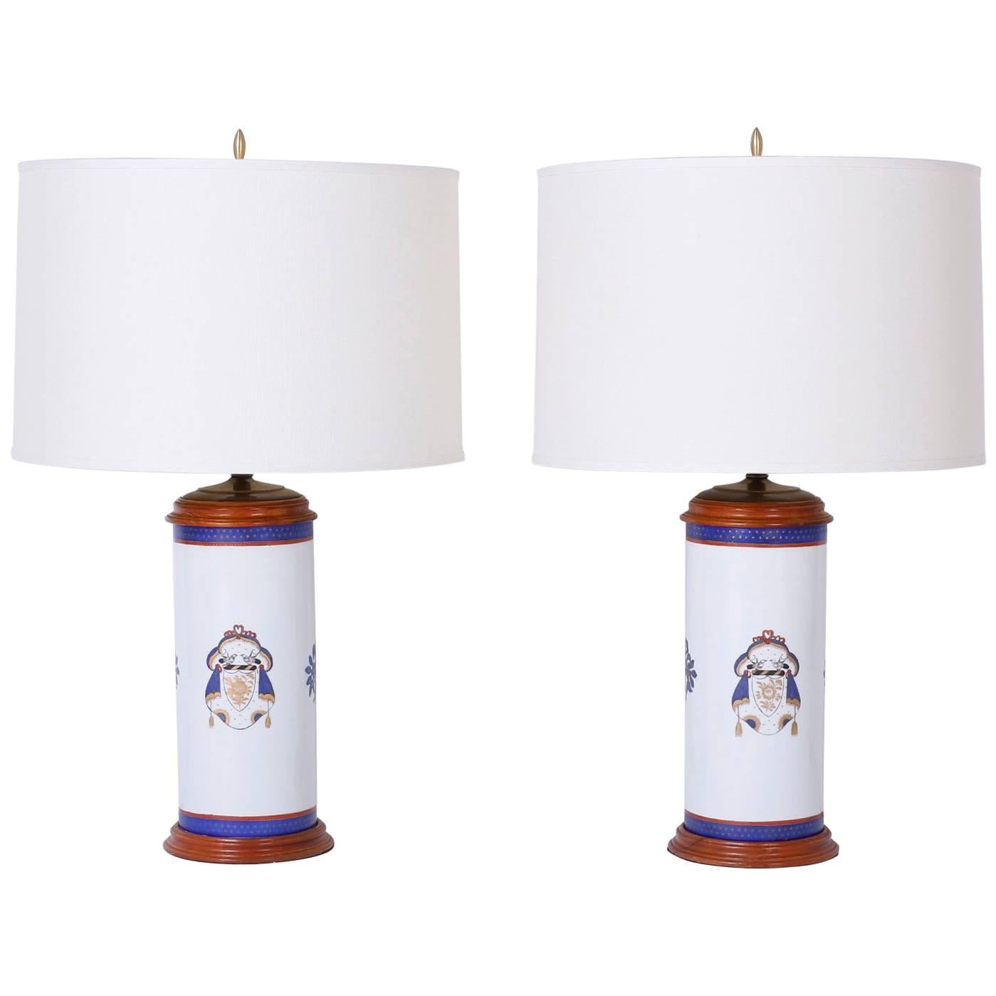 Pair of Armorial Porcelain Lamps For Sale