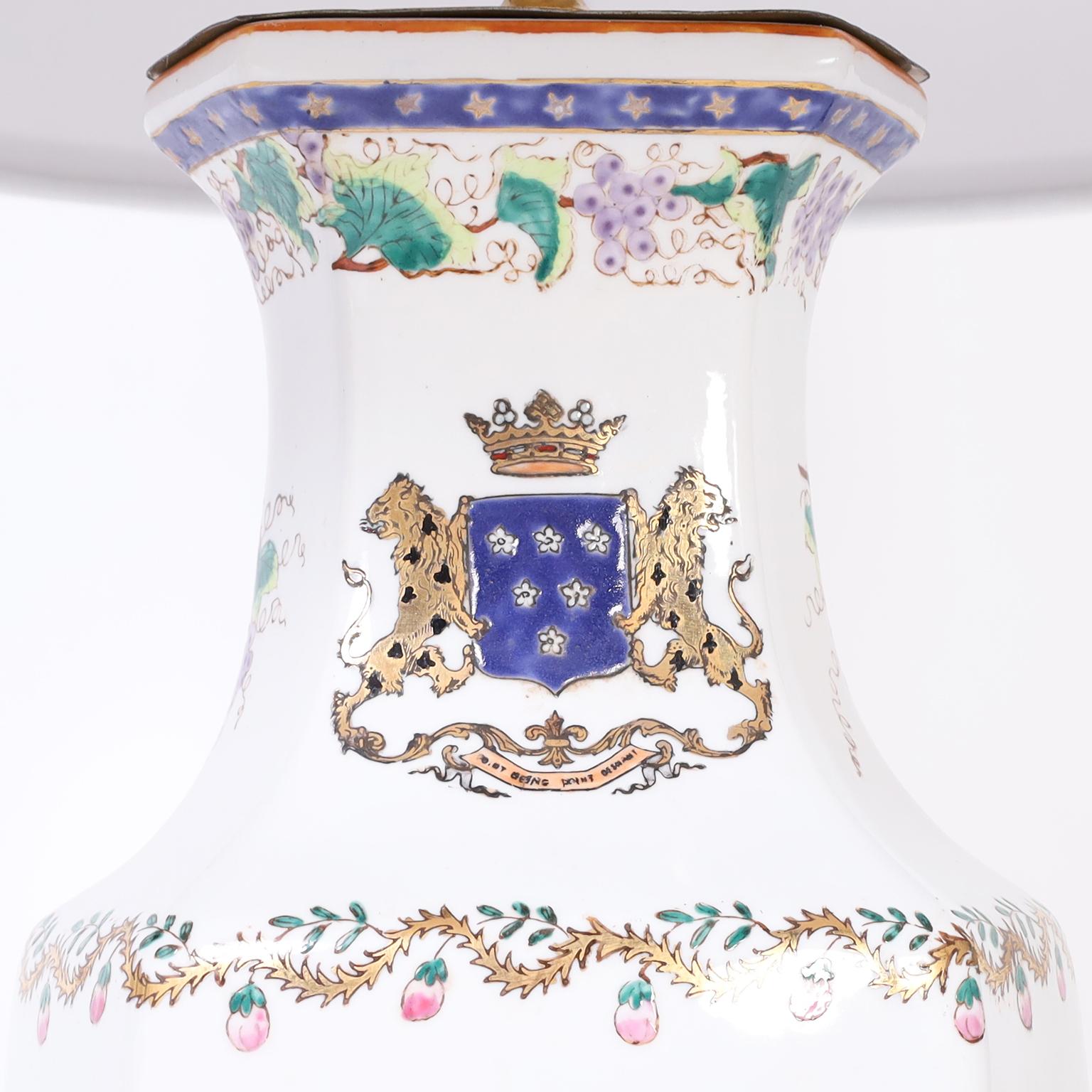 Pair of Armorial Porcelain Table Lamps In Good Condition In Palm Beach, FL