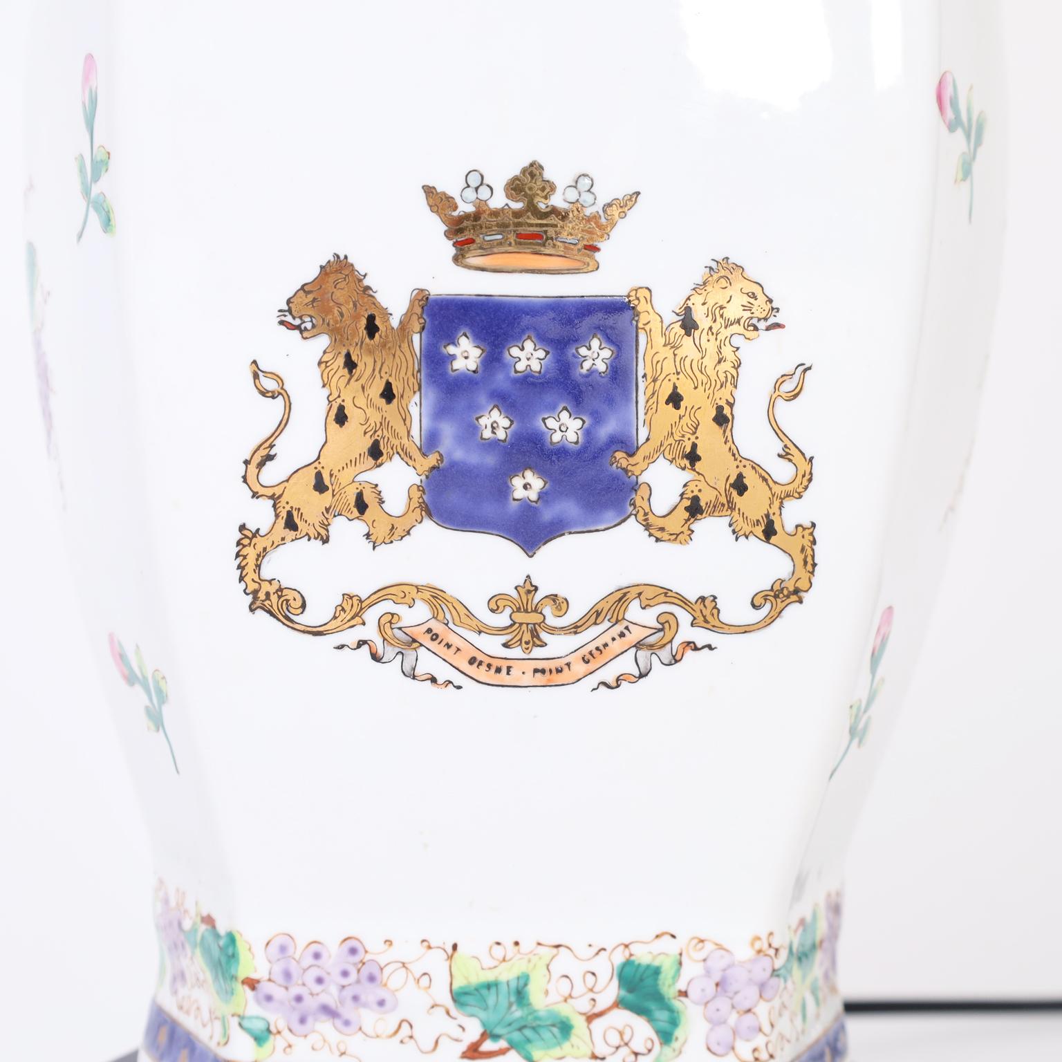 20th Century Pair of Armorial Porcelain Table Lamps