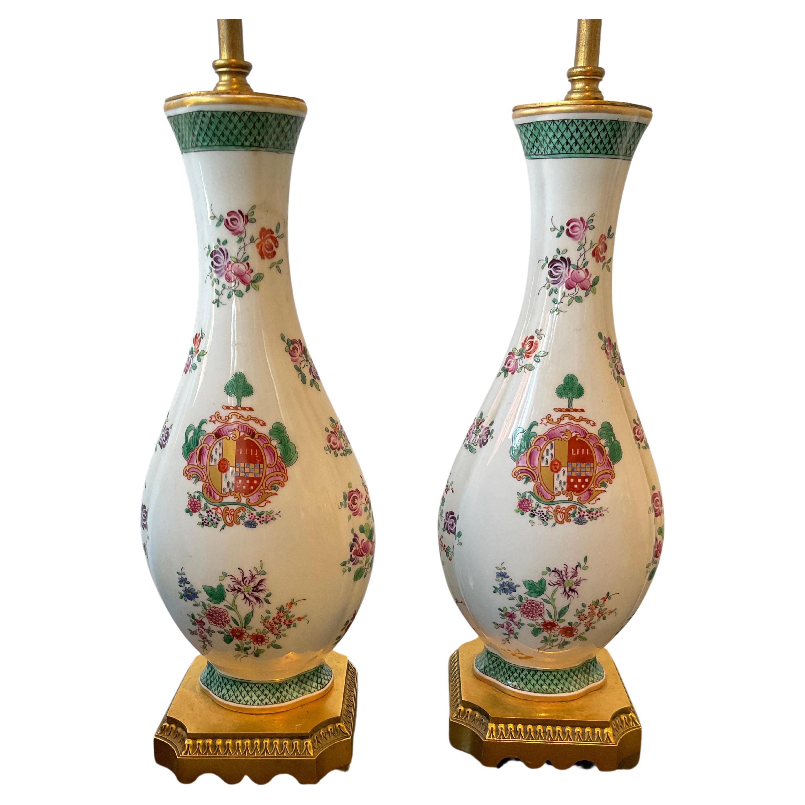 Pair Of Armorial Samson Porcelain Lamps On Gilt Bronze Bases