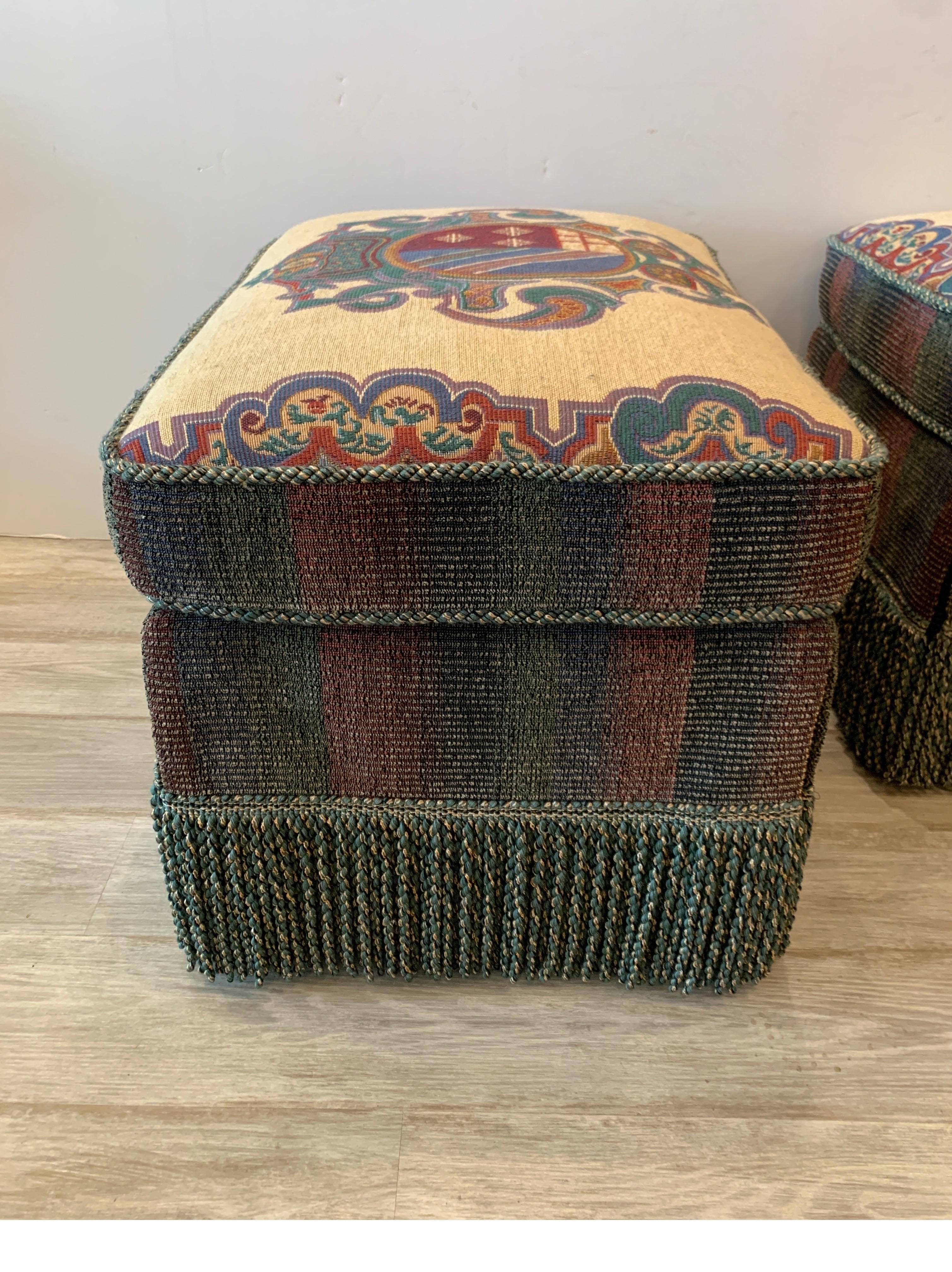 Pair of Armorial Upholstered Ottomans with Bouillon Fringe 4