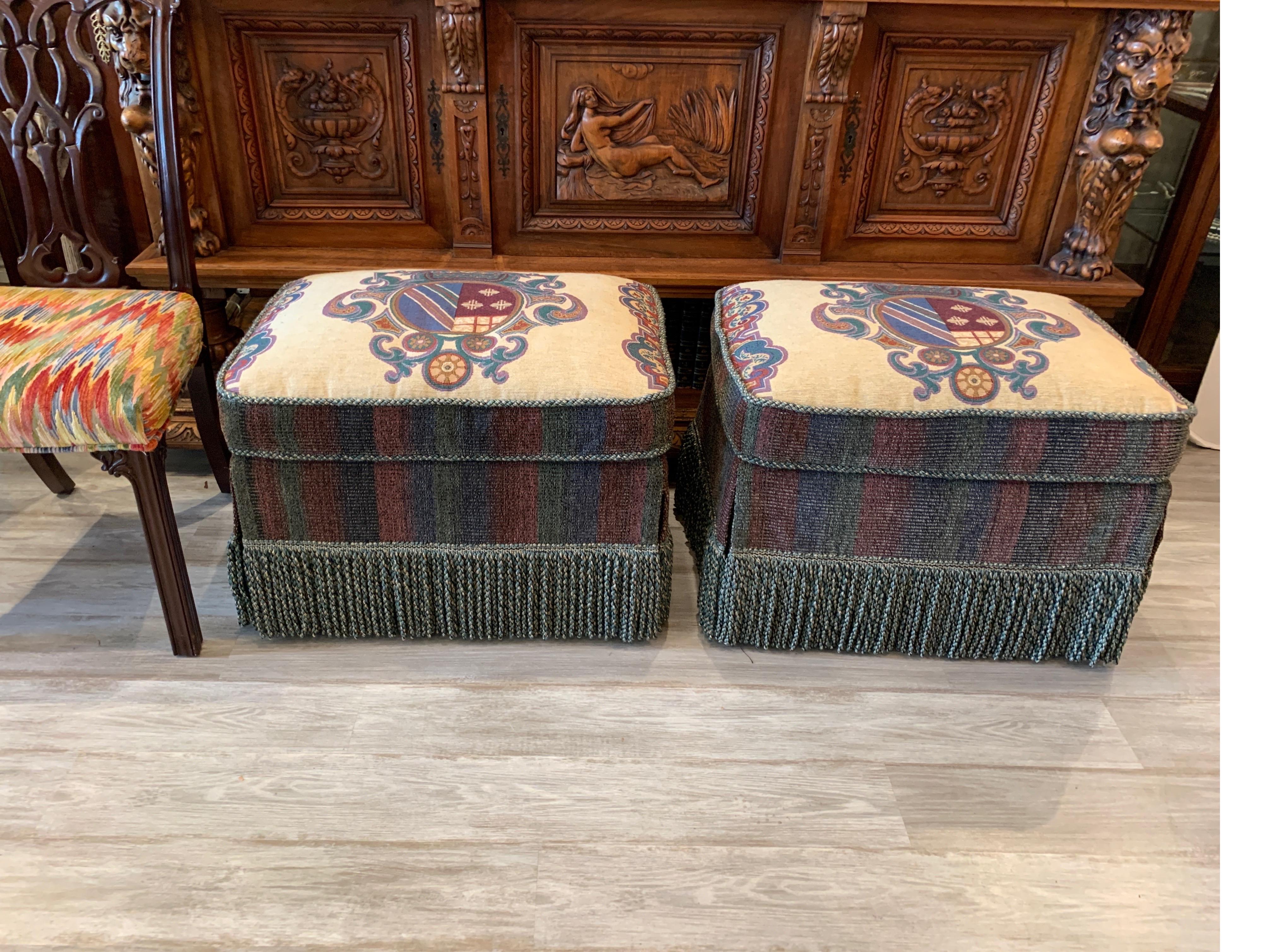 Pair of Armorial Upholstered Ottomans with Bouillon Fringe 8