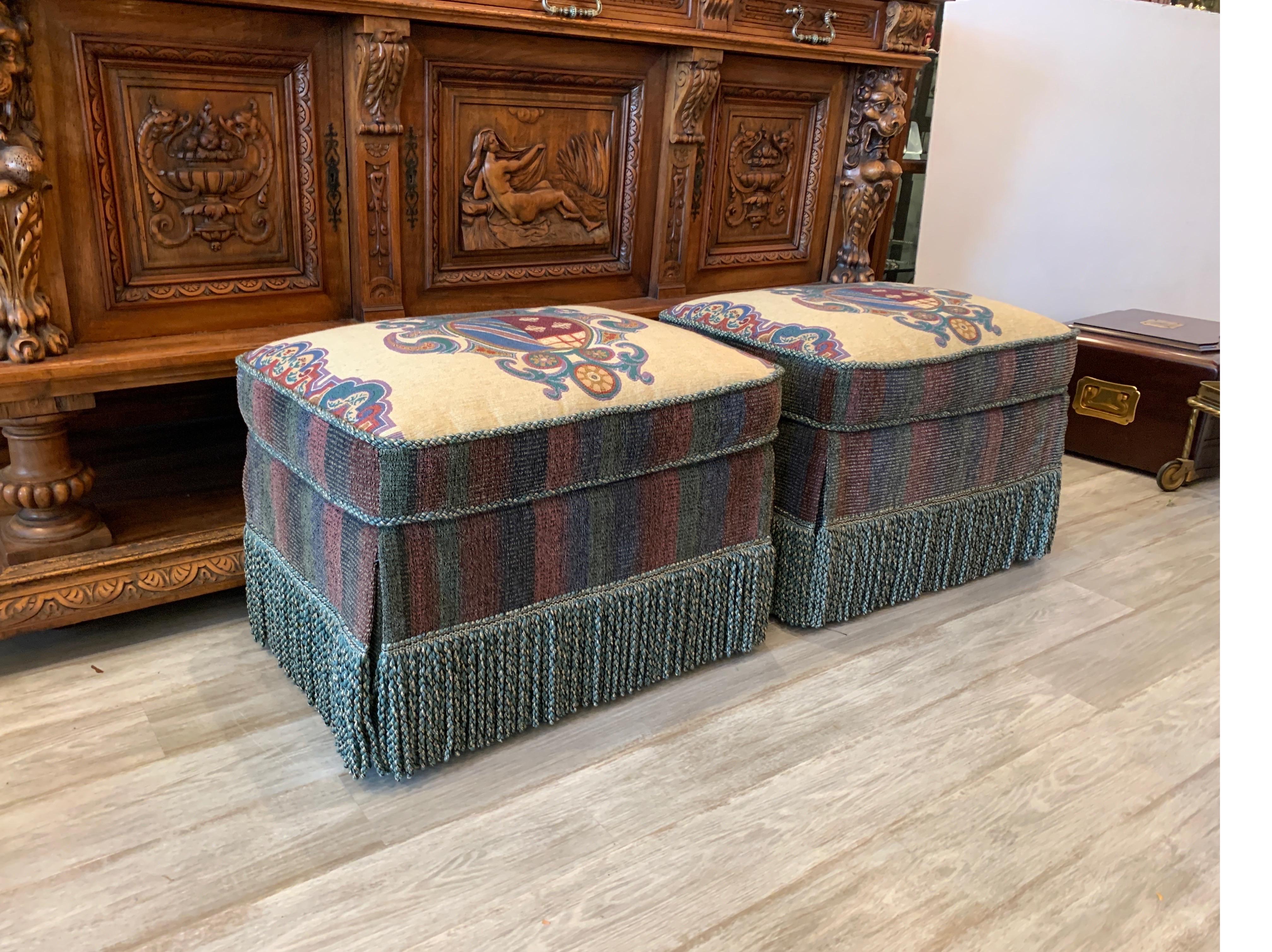 Pair of Armorial Upholstered Ottomans with Bouillon Fringe 9