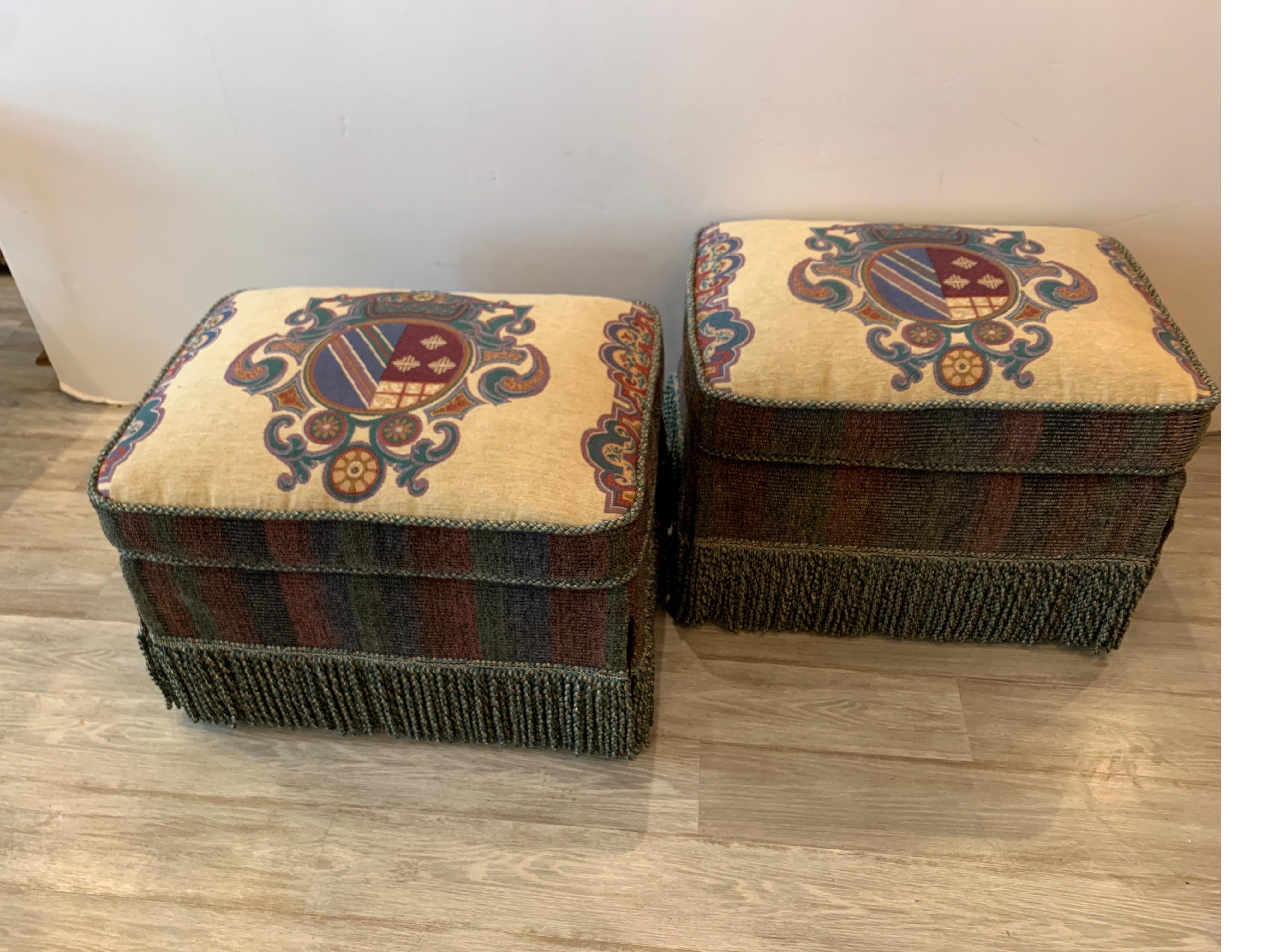 Pair of Armorial Upholstered Ottomans with Bouillon Fringe 3