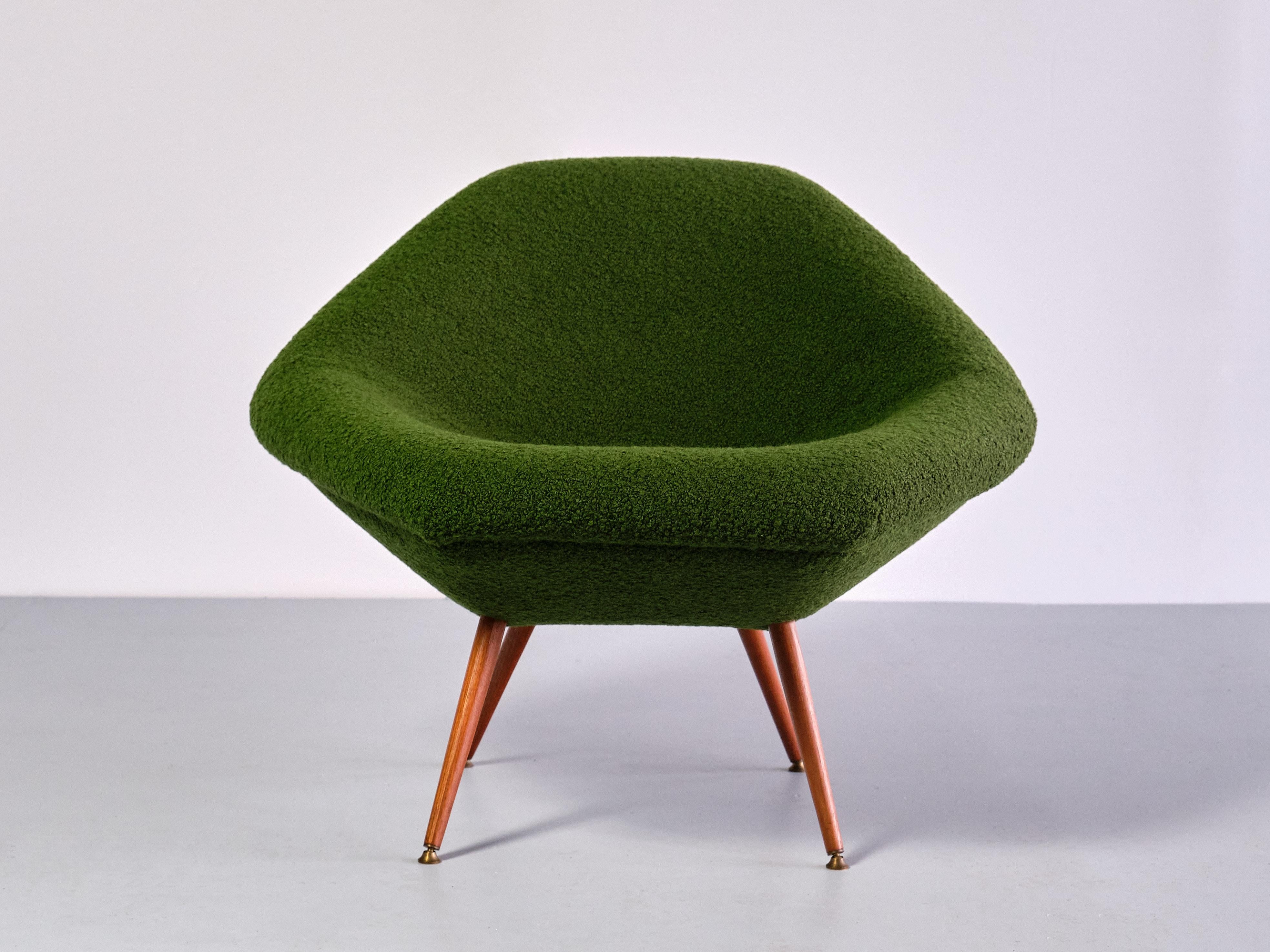 Brass Pair of Arne Dahlén Lounge Chairs in Green Bouclé and Teak, Sweden, 1960s For Sale